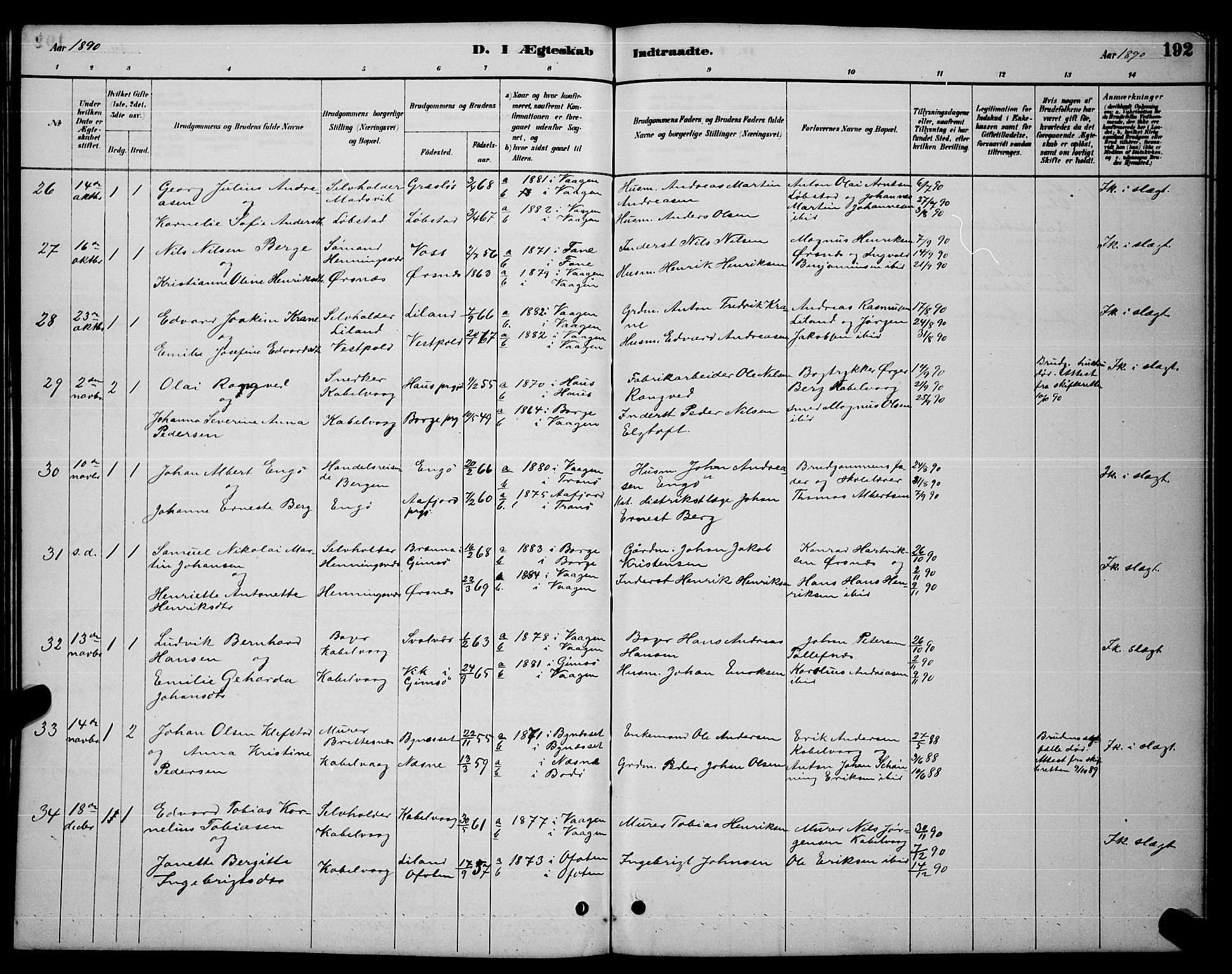 Ministerialprotokoller, klokkerbøker og fødselsregistre - Nordland, AV/SAT-A-1459/874/L1076: Parish register (copy) no. 874C05, 1884-1890, p. 192