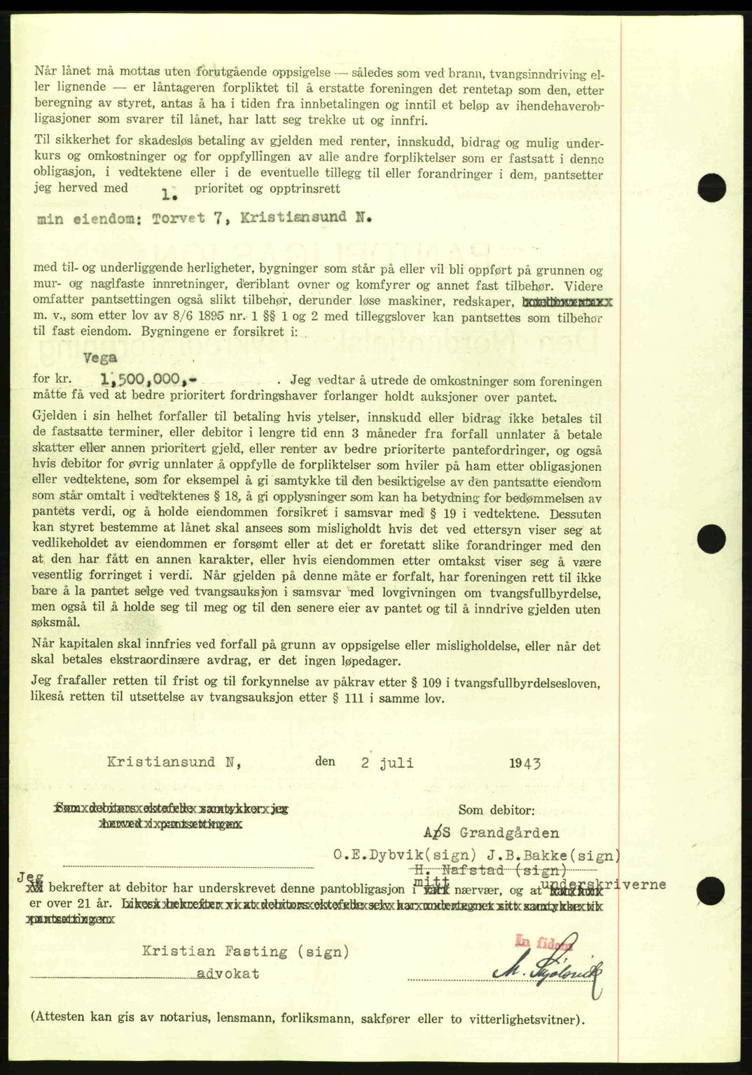 Kristiansund byfogd, SAT/A-4587/A/27: Mortgage book no. 36, 1942-1943, Diary no: : 646/1943
