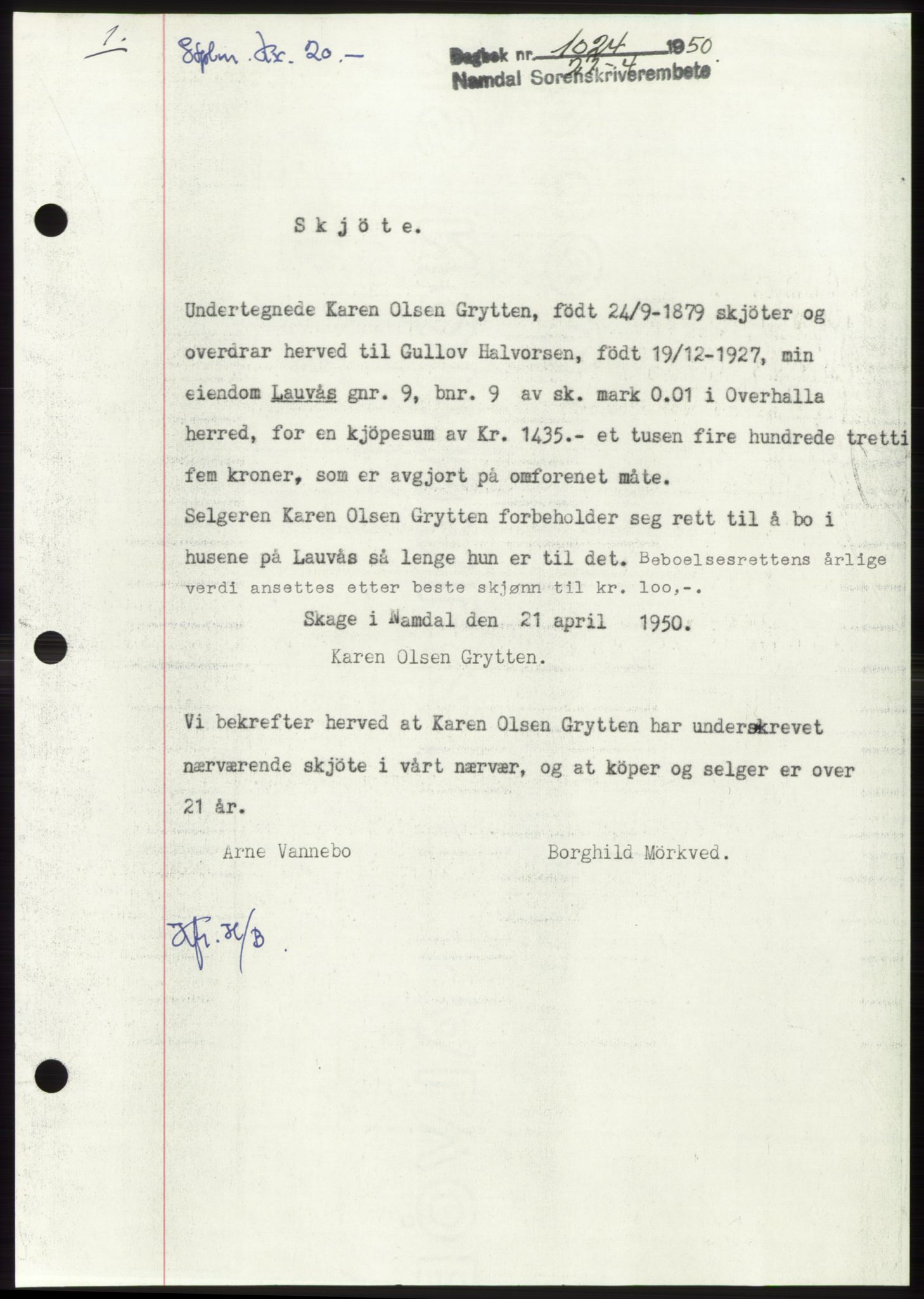 Namdal sorenskriveri, AV/SAT-A-4133/1/2/2C: Mortgage book no. -, 1950-1950, Diary no: : 1024/1950