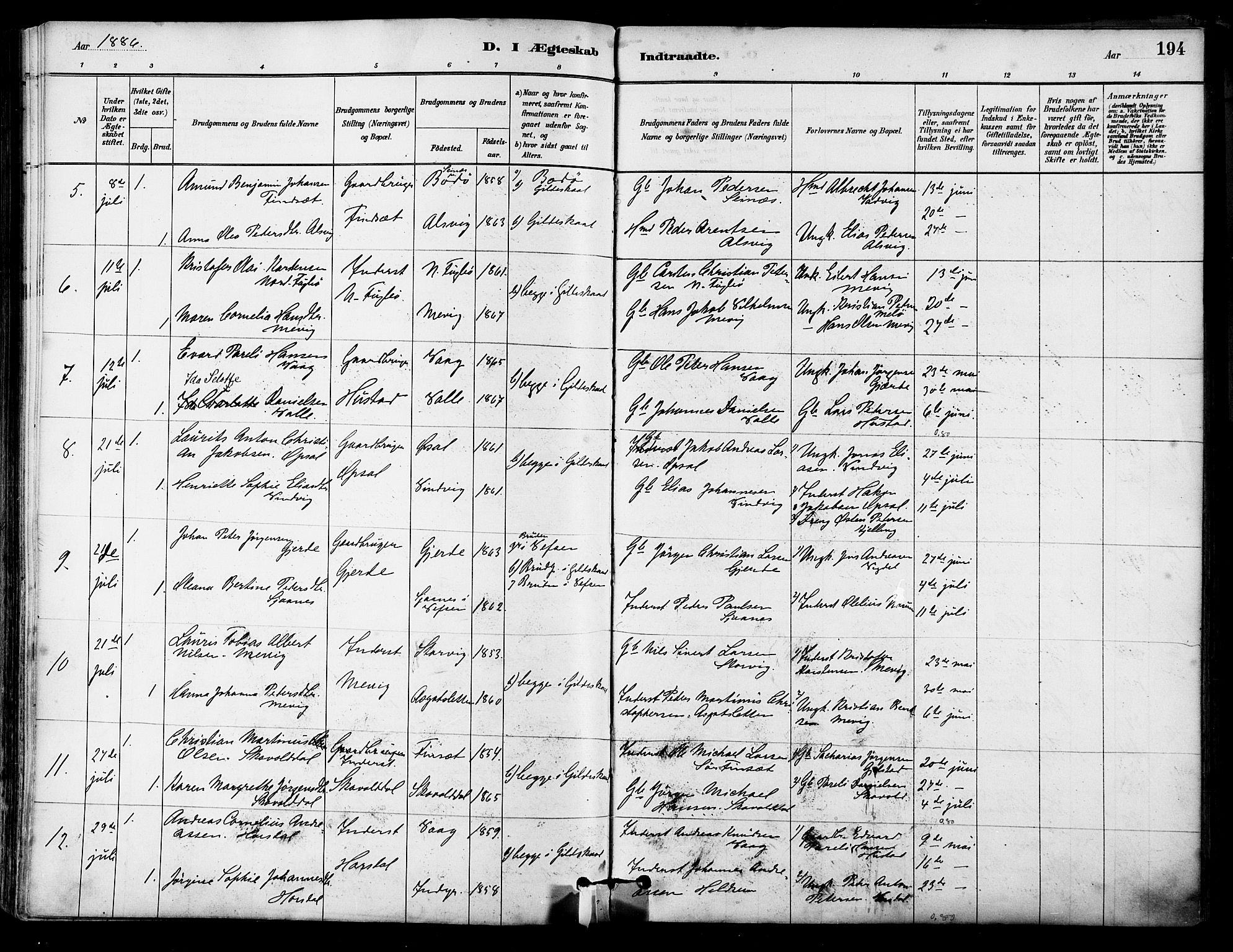 Ministerialprotokoller, klokkerbøker og fødselsregistre - Nordland, SAT/A-1459/805/L0099: Parish register (official) no. 805A06, 1880-1891, p. 194