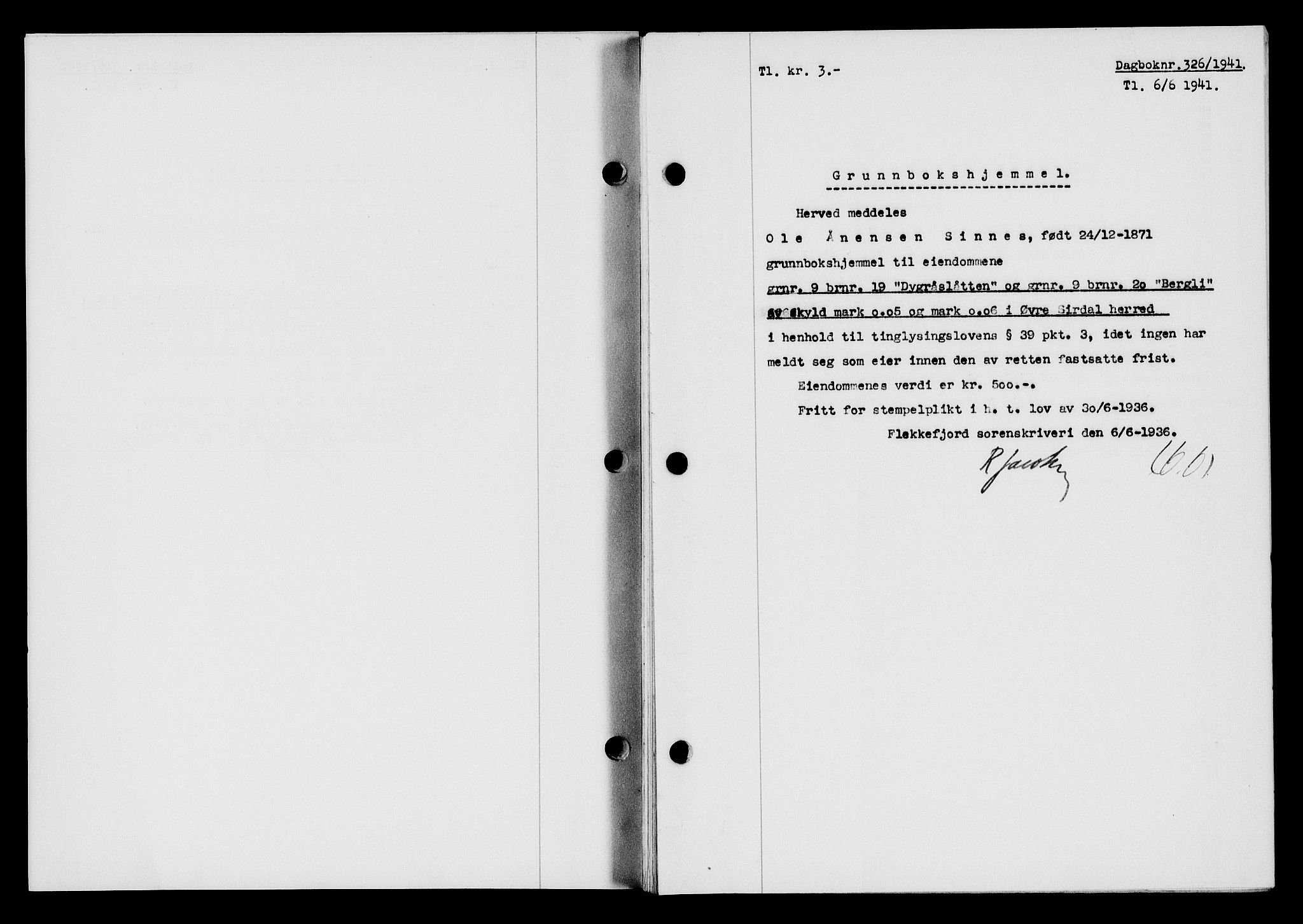 Flekkefjord sorenskriveri, SAK/1221-0001/G/Gb/Gba/L0057: Mortgage book no. A-5, 1941-1942, Diary no: : 326/1941