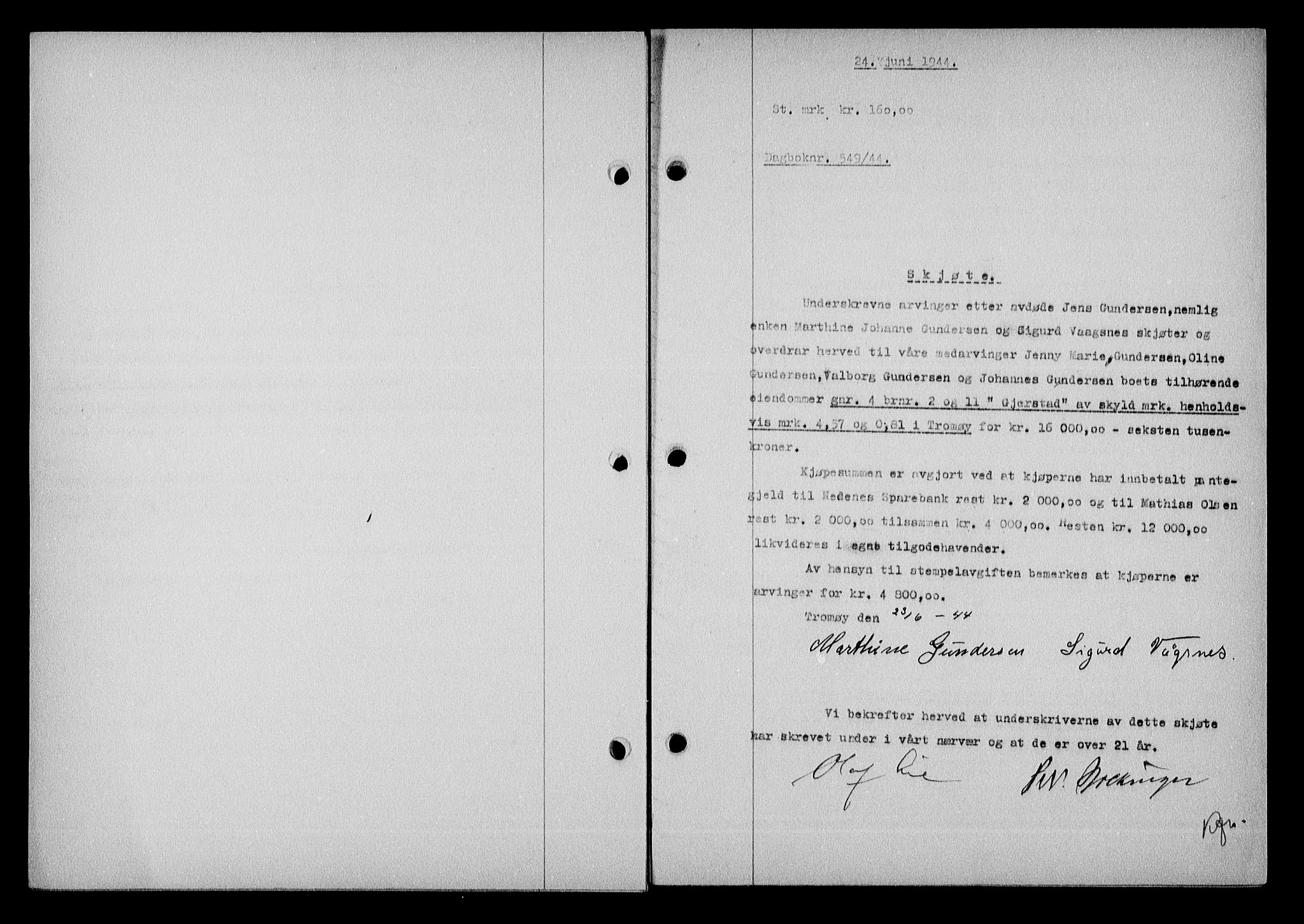 Nedenes sorenskriveri, SAK/1221-0006/G/Gb/Gba/L0051: Mortgage book no. A-V, 1943-1944, Diary no: : 549/1944