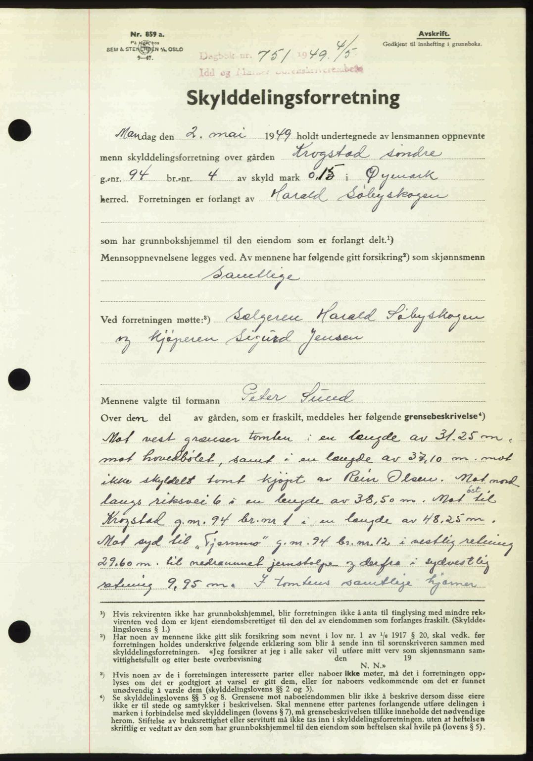 Idd og Marker sorenskriveri, AV/SAO-A-10283/G/Gb/Gbb/L0012: Mortgage book no. A12, 1949-1949, Diary no: : 751/1949