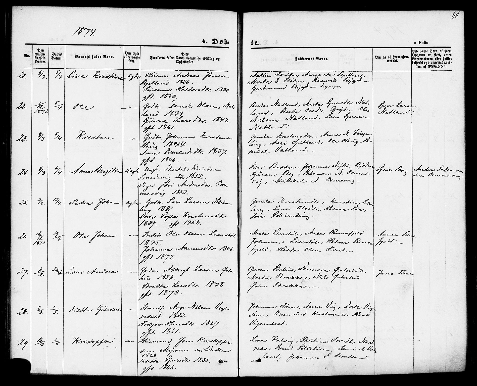 Jelsa sokneprestkontor, AV/SAST-A-101842/01/IV: Parish register (official) no. A 8, 1867-1883, p. 50