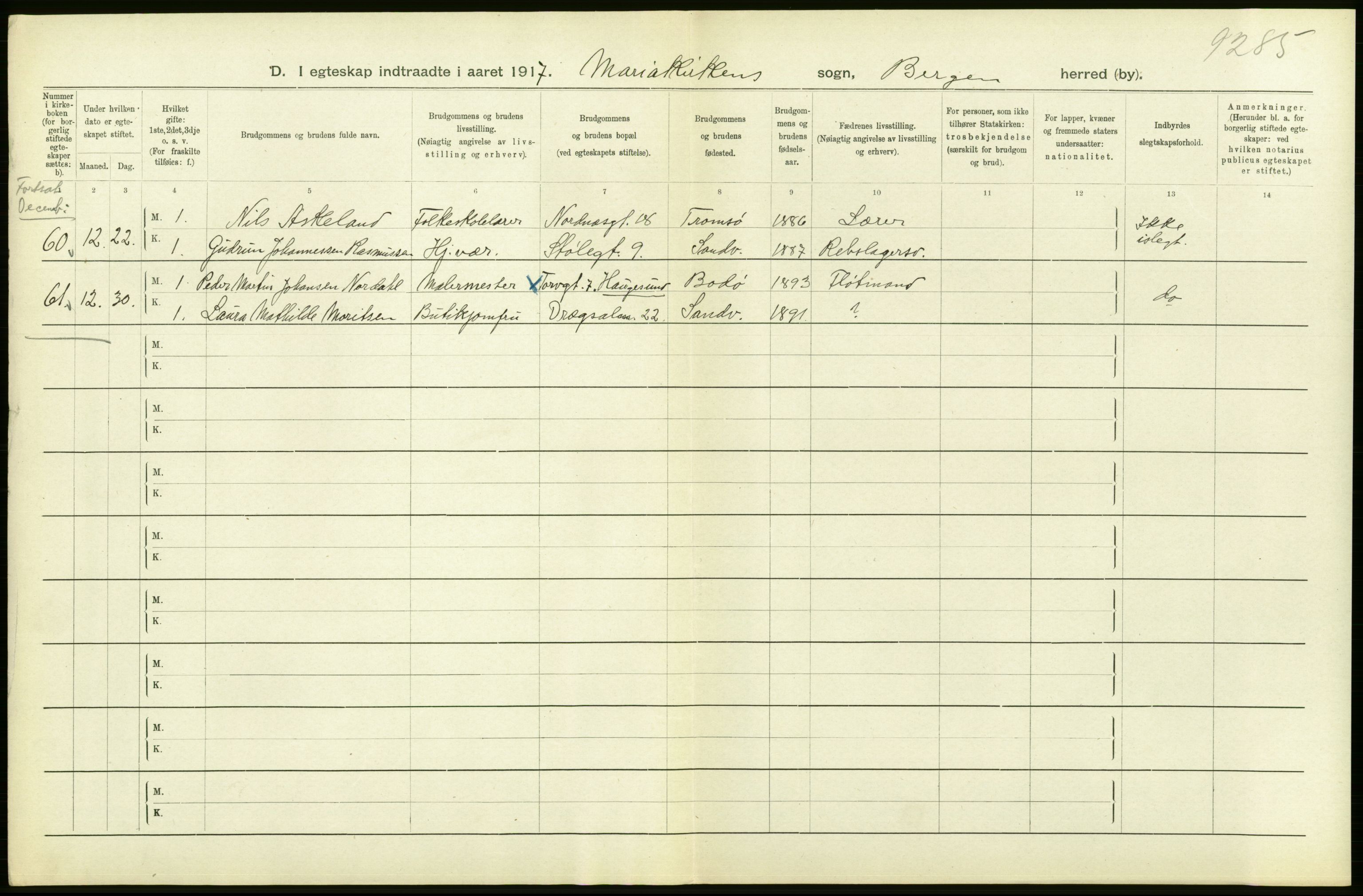 Statistisk sentralbyrå, Sosiodemografiske emner, Befolkning, RA/S-2228/D/Df/Dfb/Dfbg/L0038: Bergen: Gifte, døde, dødfødte., 1917, p. 232