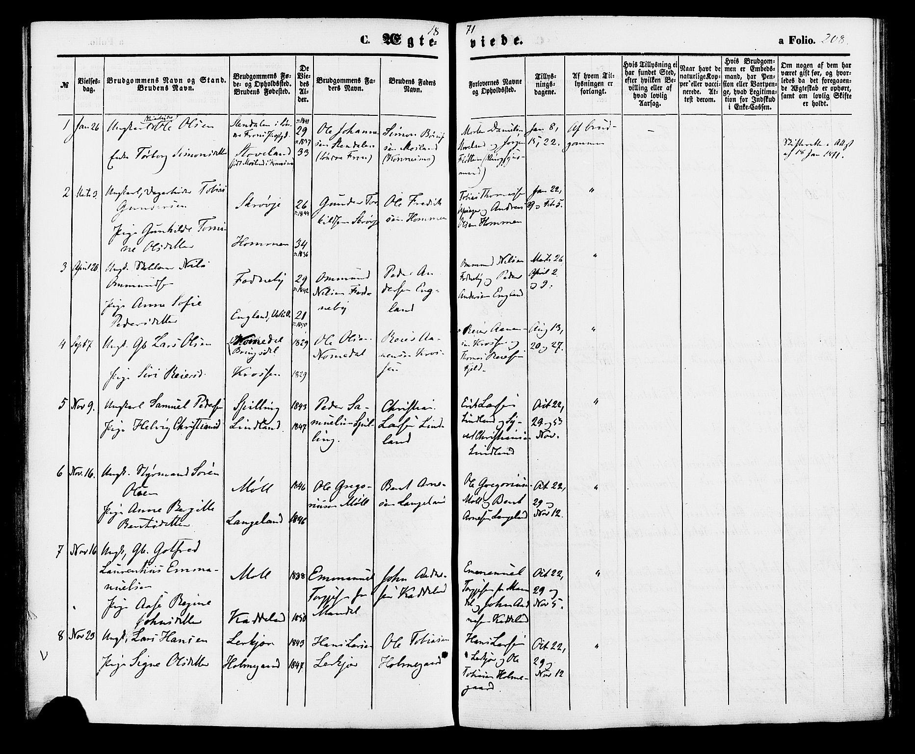 Holum sokneprestkontor, AV/SAK-1111-0022/F/Fa/Faa/L0006: Parish register (official) no. A 6, 1865-1883, p. 208