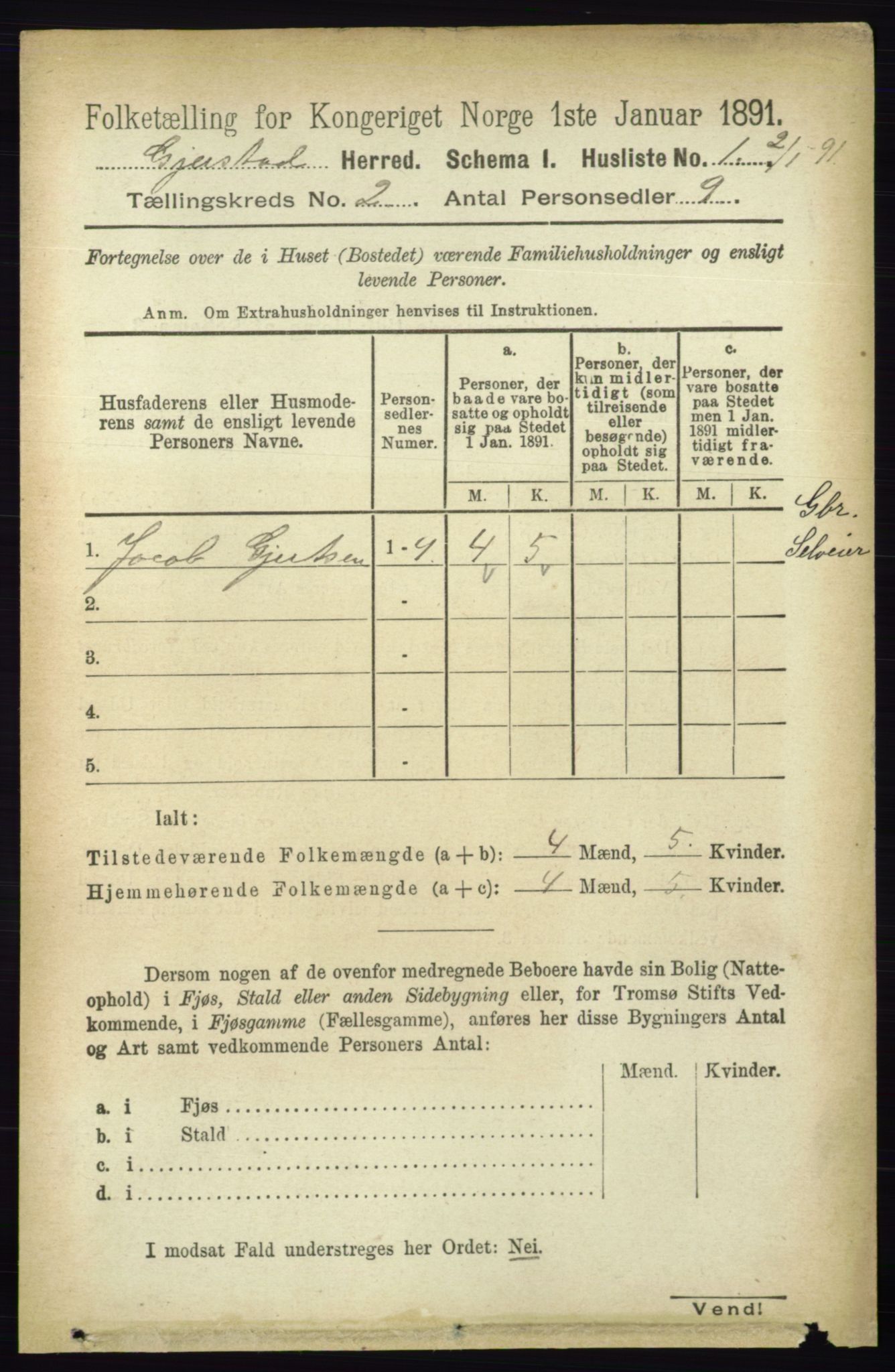 RA, 1891 census for 0911 Gjerstad, 1891, p. 594