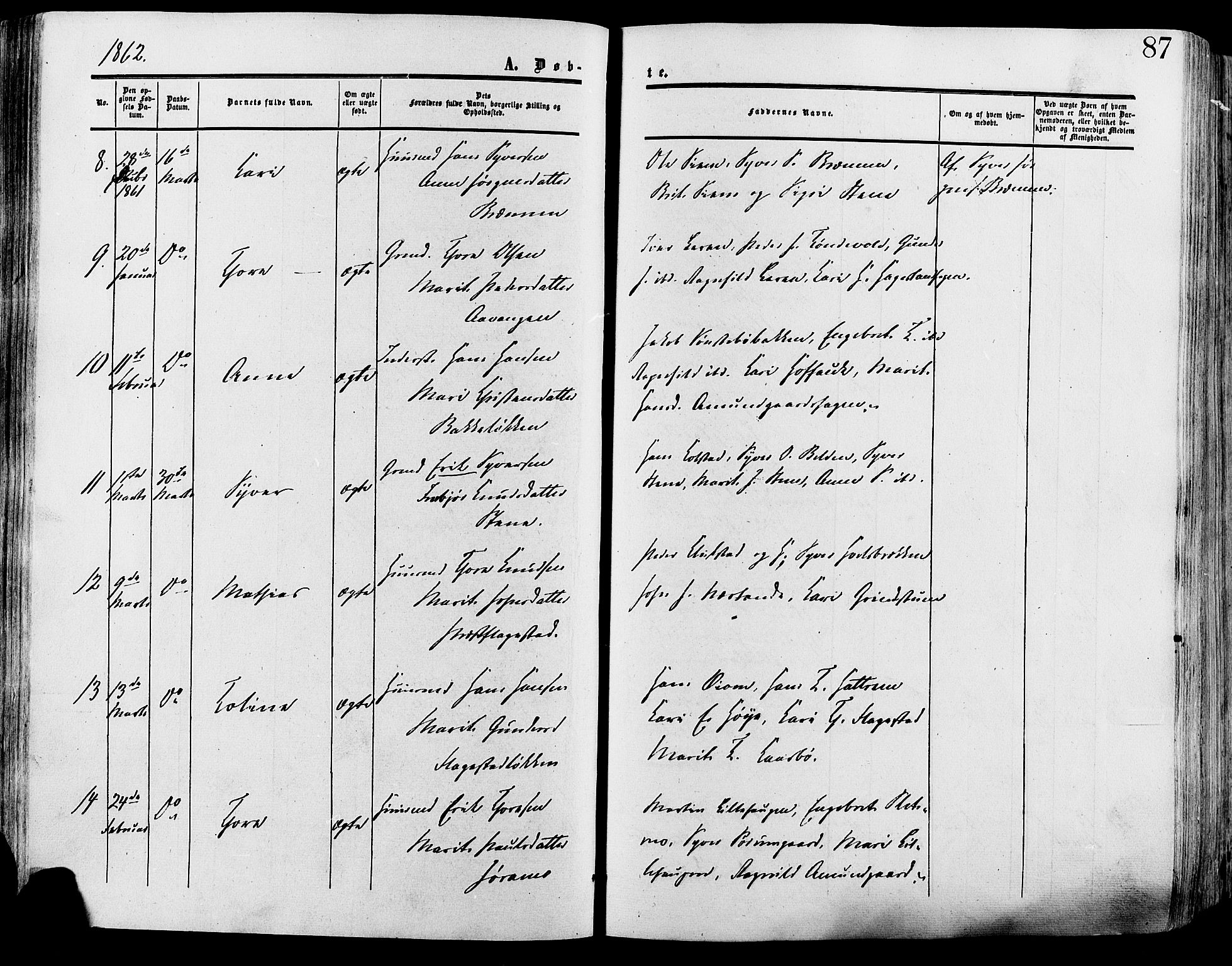 Lesja prestekontor, SAH/PREST-068/H/Ha/Haa/L0008: Parish register (official) no. 8, 1854-1880, p. 87