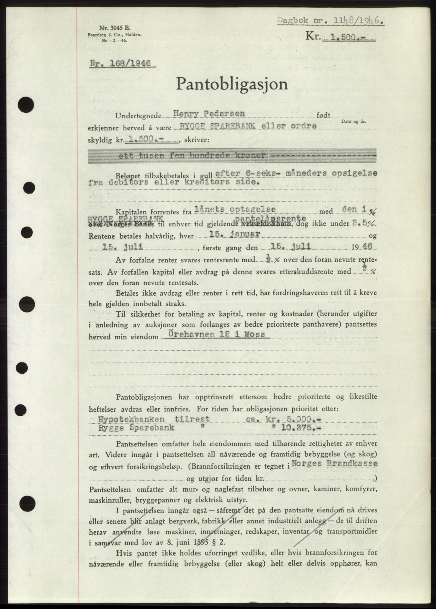 Moss sorenskriveri, AV/SAO-A-10168: Mortgage book no. B15, 1946-1946, Diary no: : 1148/1946