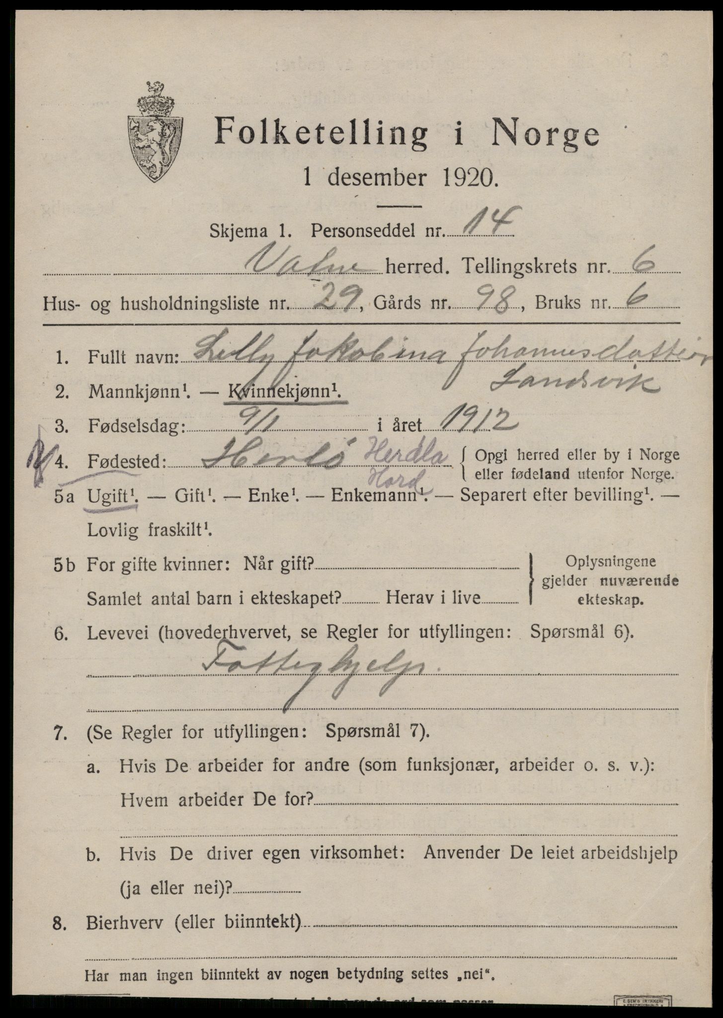 SAT, 1920 census for Vatne, 1920, p. 3122