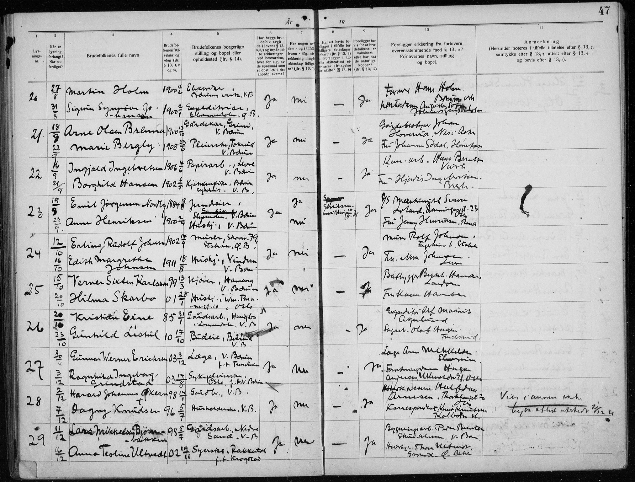 Vestre Bærum prestekontor Kirkebøker, AV/SAO-A-10209a/H/L0001: Banns register no. 1, 1919-1941, p. 47