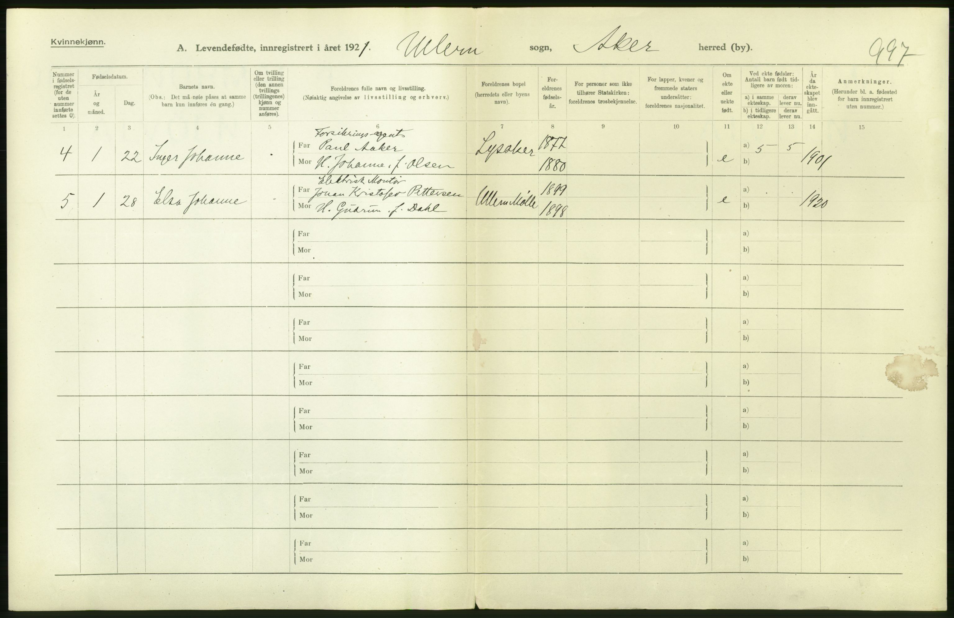 Statistisk sentralbyrå, Sosiodemografiske emner, Befolkning, AV/RA-S-2228/D/Df/Dfc/Dfca/L0004: Akershus fylke: Levendefødte menn og kvinner. Bygder., 1921, p. 40