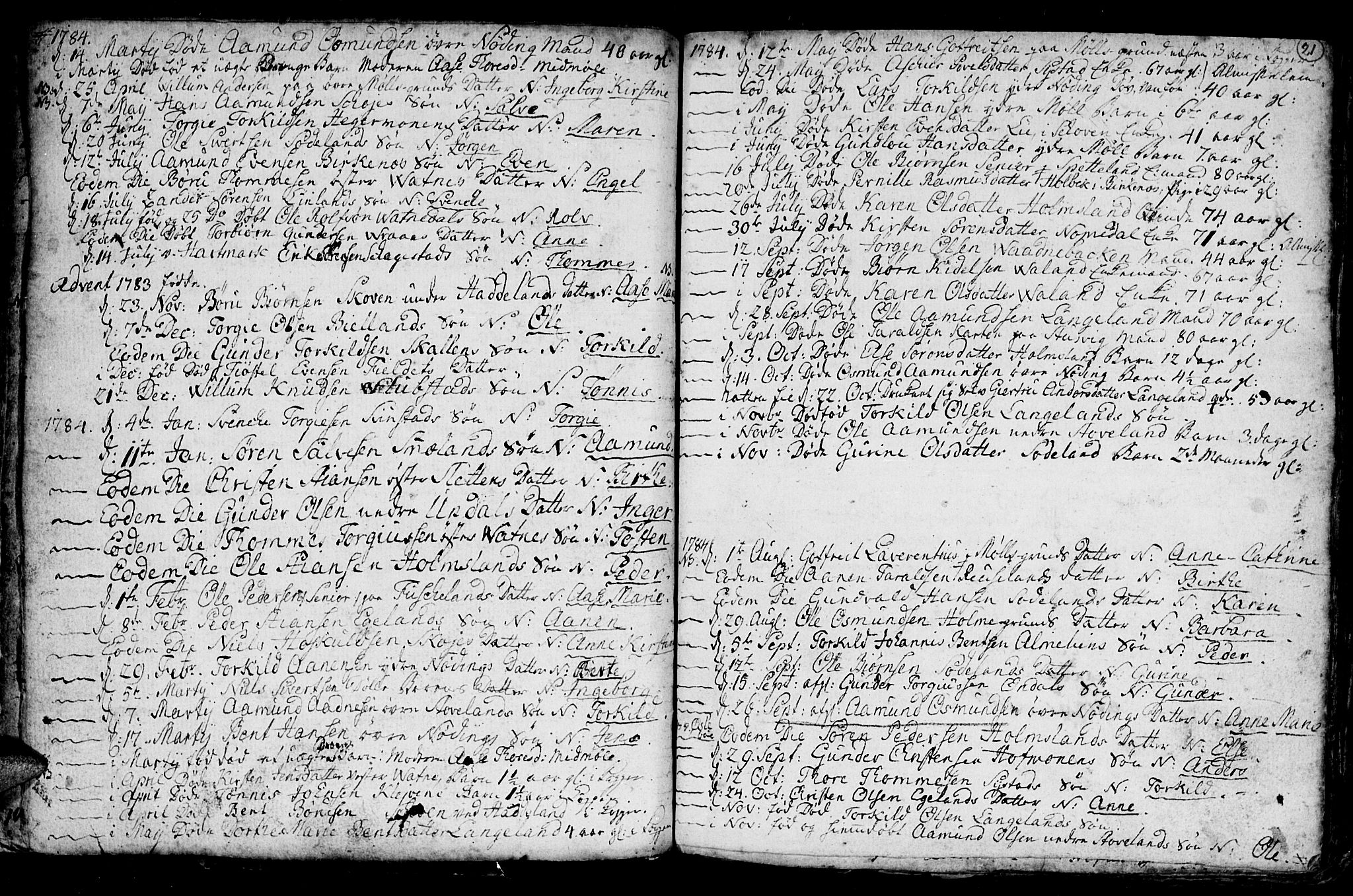 Holum sokneprestkontor, AV/SAK-1111-0022/F/Fb/Fba/L0001: Parish register (copy) no. B 1 /1, 1770-1820, p. 21