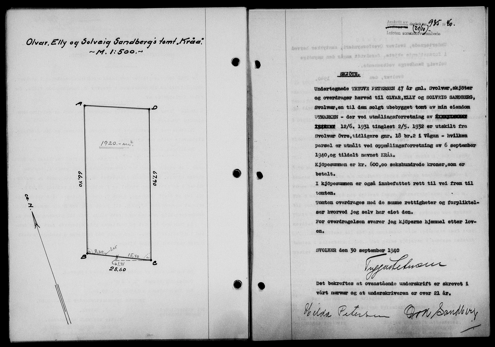 Lofoten sorenskriveri, SAT/A-0017/1/2/2C/L0007a: Mortgage book no. 7a, 1939-1940, Diary no: : 935/1940