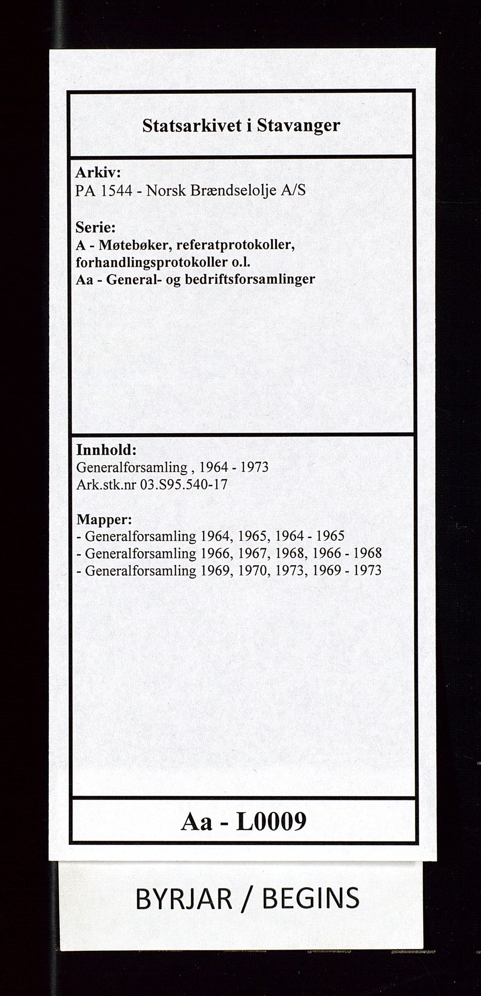 PA 1544 - Norsk Brændselolje A/S, AV/SAST-A-101965/1/A/Aa/L0009/0001: Generalforsamling  / Generalforsamling 1964, 1965, 1964-1965, p. 1