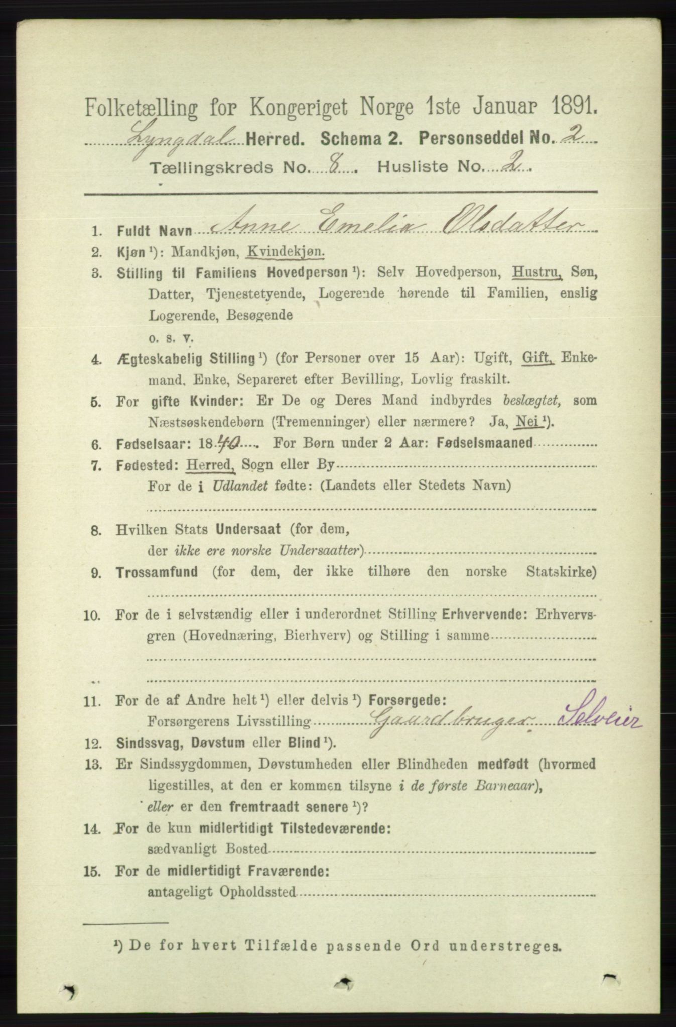 RA, 1891 census for 1032 Lyngdal, 1891, p. 3380