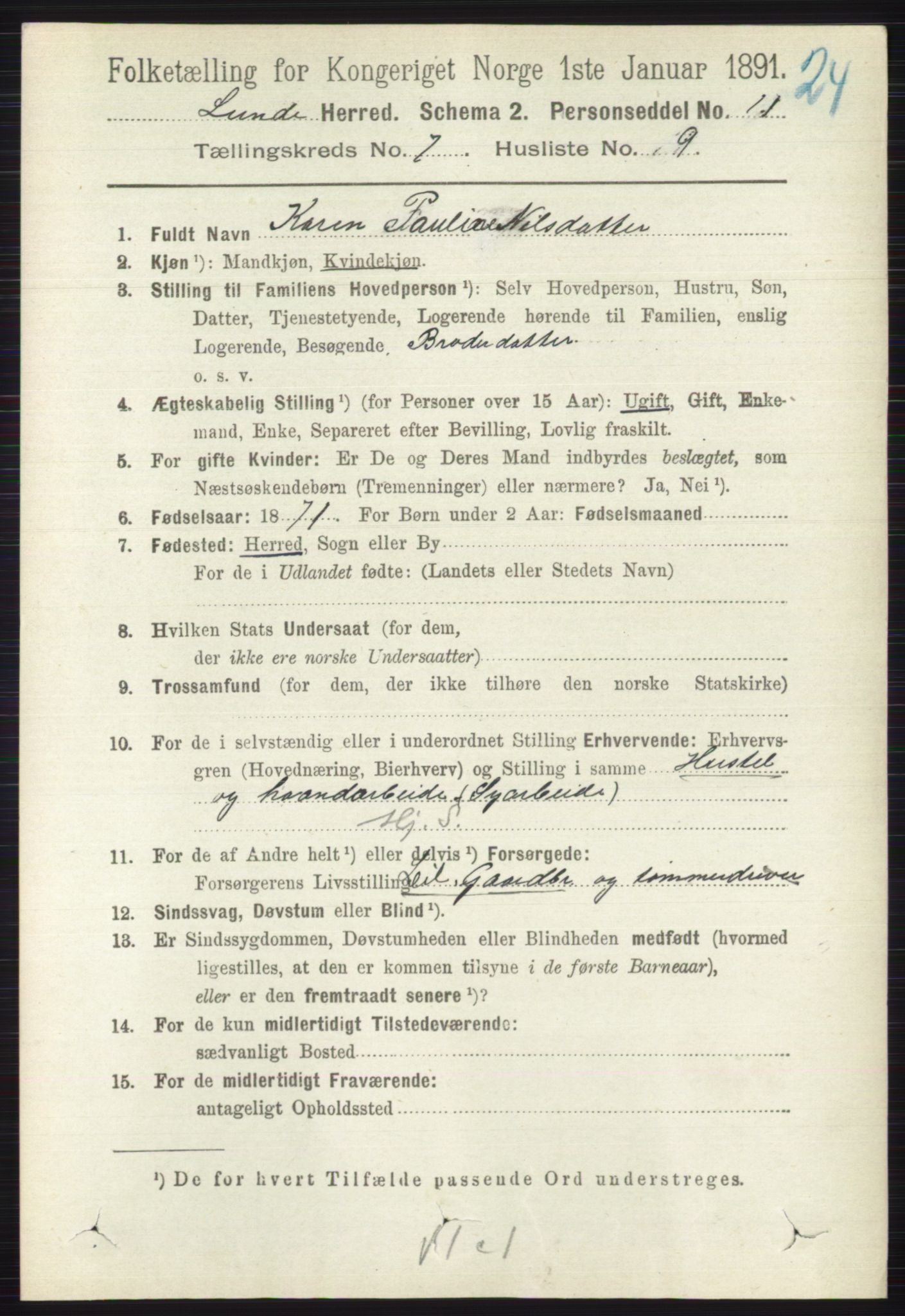 RA, 1891 census for 0820 Lunde, 1891, p. 2263