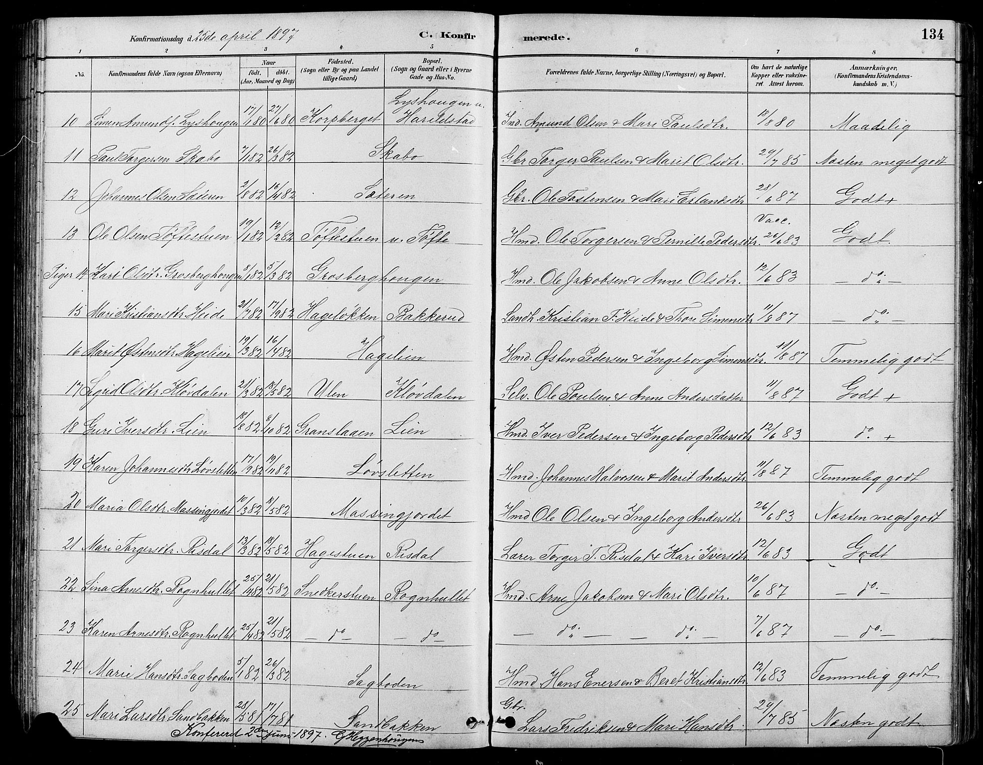 Nord-Fron prestekontor, SAH/PREST-080/H/Ha/Hab/L0005: Parish register (copy) no. 5, 1884-1914, p. 134