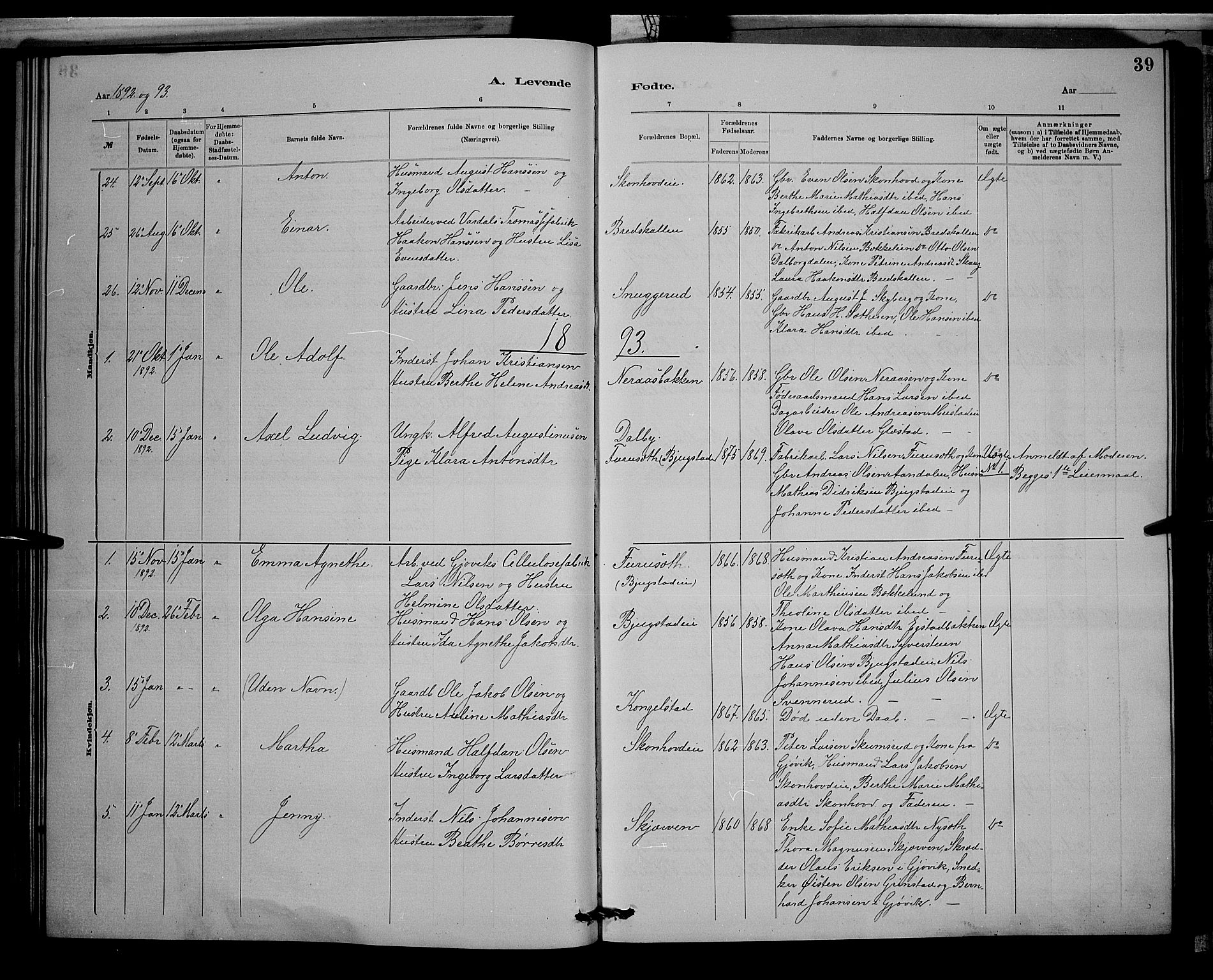 Vardal prestekontor, SAH/PREST-100/H/Ha/Hab/L0008: Parish register (copy) no. 8, 1881-1898, p. 39