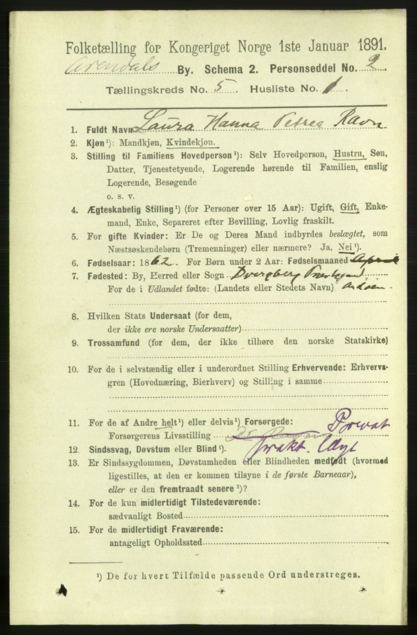 RA, 1891 census for 0903 Arendal, 1891, p. 1790