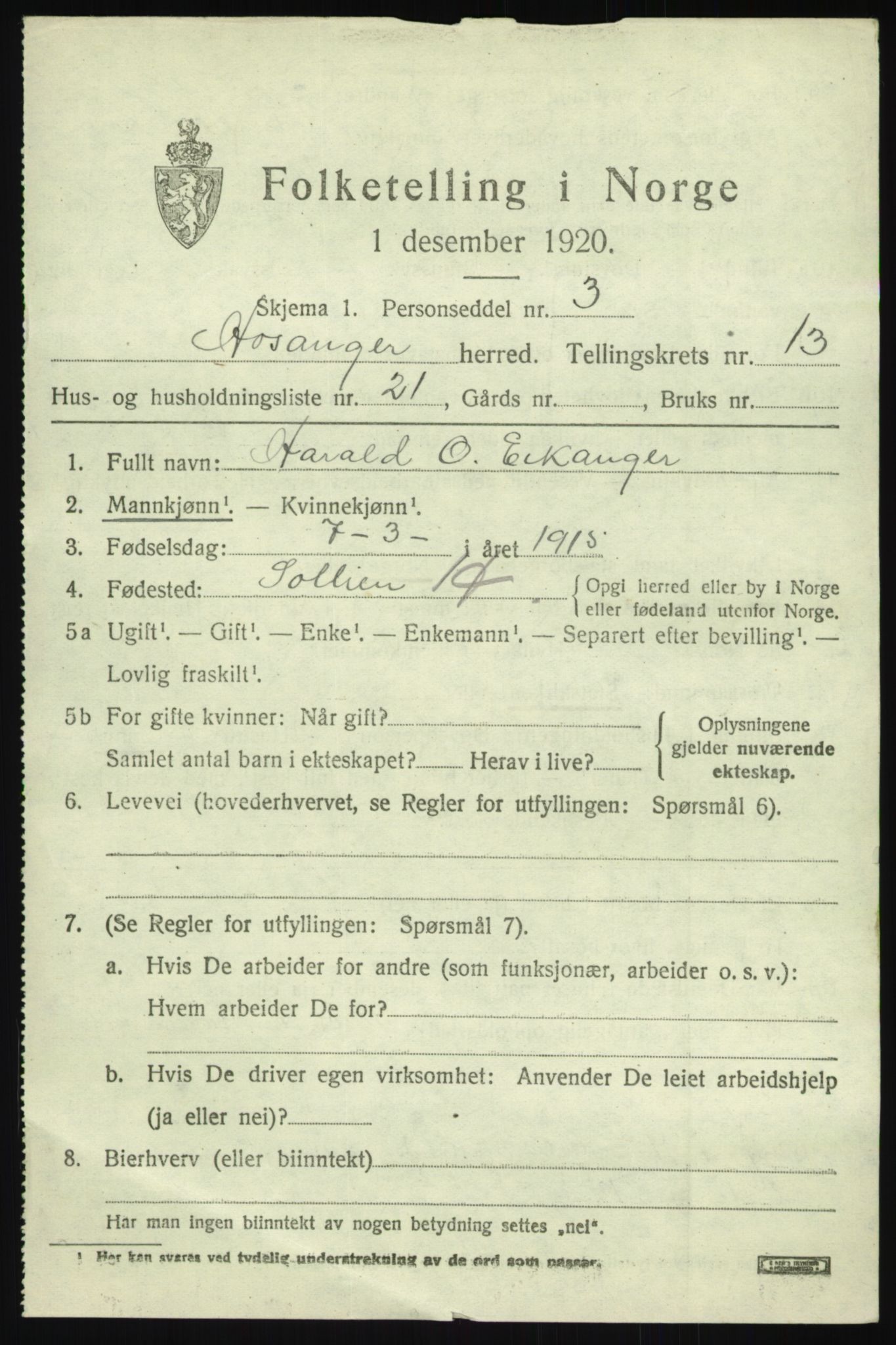 SAB, 1920 census for Hosanger, 1920, p. 5417