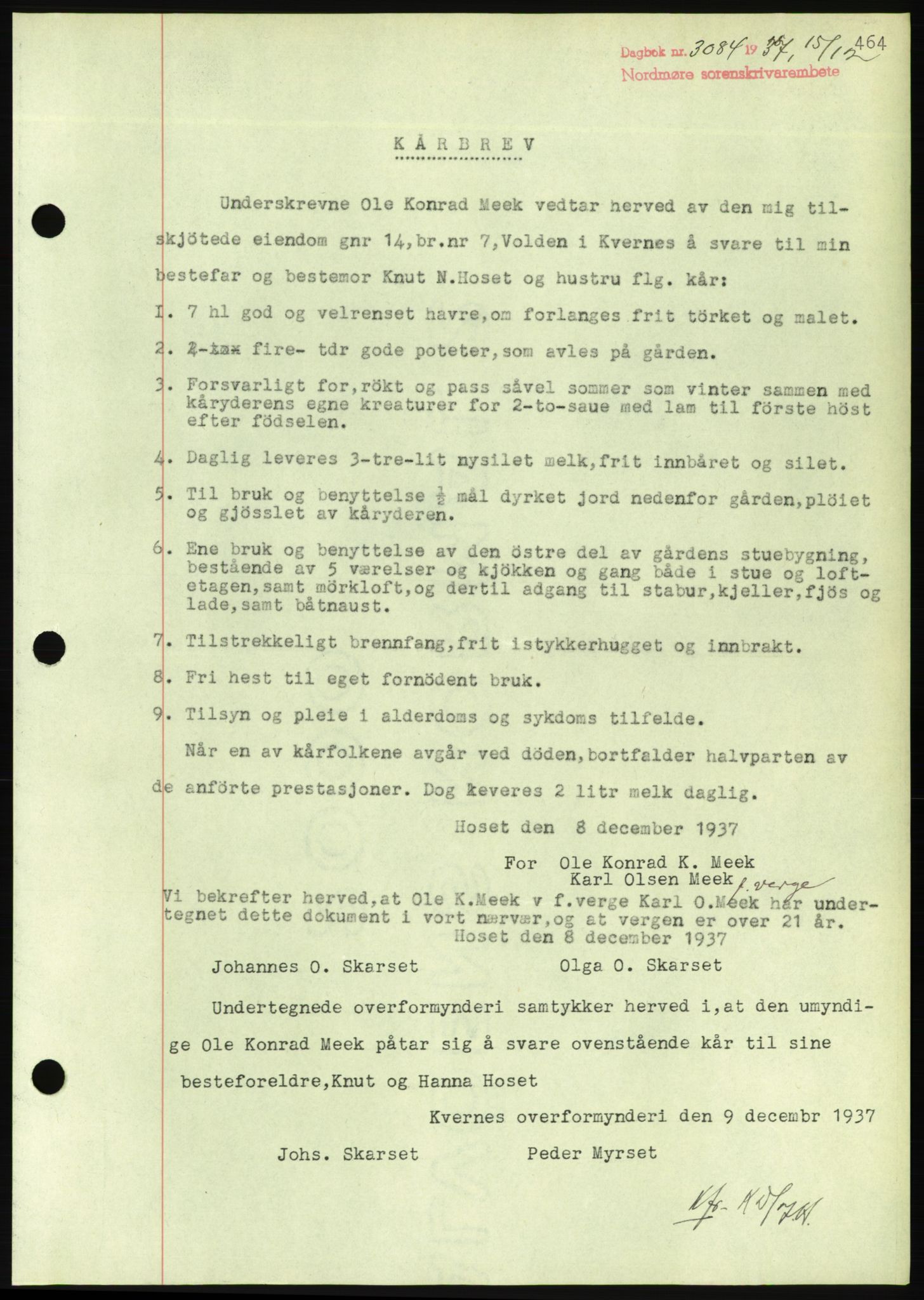 Nordmøre sorenskriveri, AV/SAT-A-4132/1/2/2Ca/L0092: Mortgage book no. B82, 1937-1938, Diary no: : 3084/1937