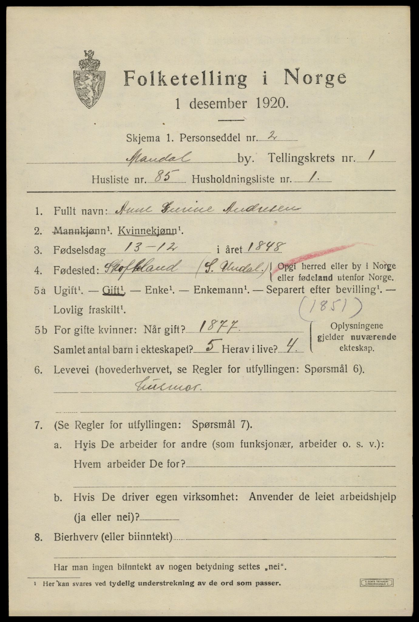 SAK, 1920 census for Mandal, 1920, p. 4119