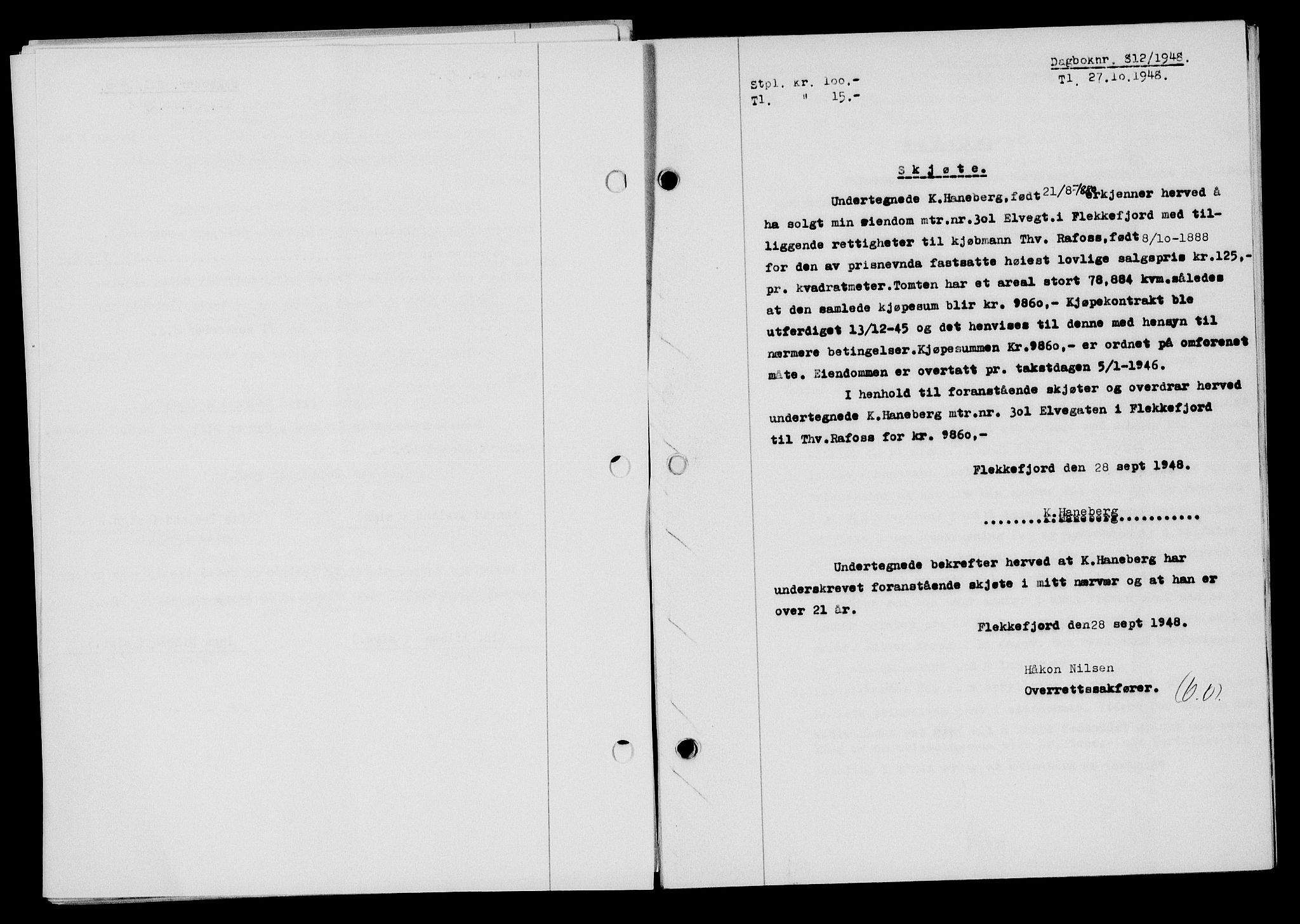 Flekkefjord sorenskriveri, SAK/1221-0001/G/Gb/Gba/L0064: Mortgage book no. A-12, 1948-1949, Diary no: : 812/1948