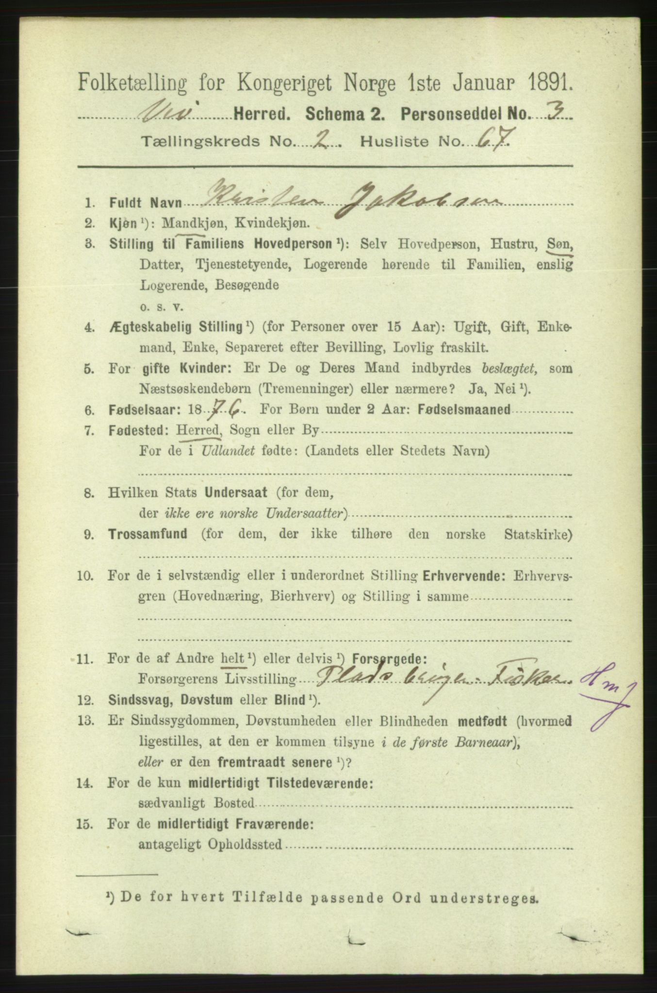 RA, 1891 census for 1541 Veøy, 1891, p. 1186