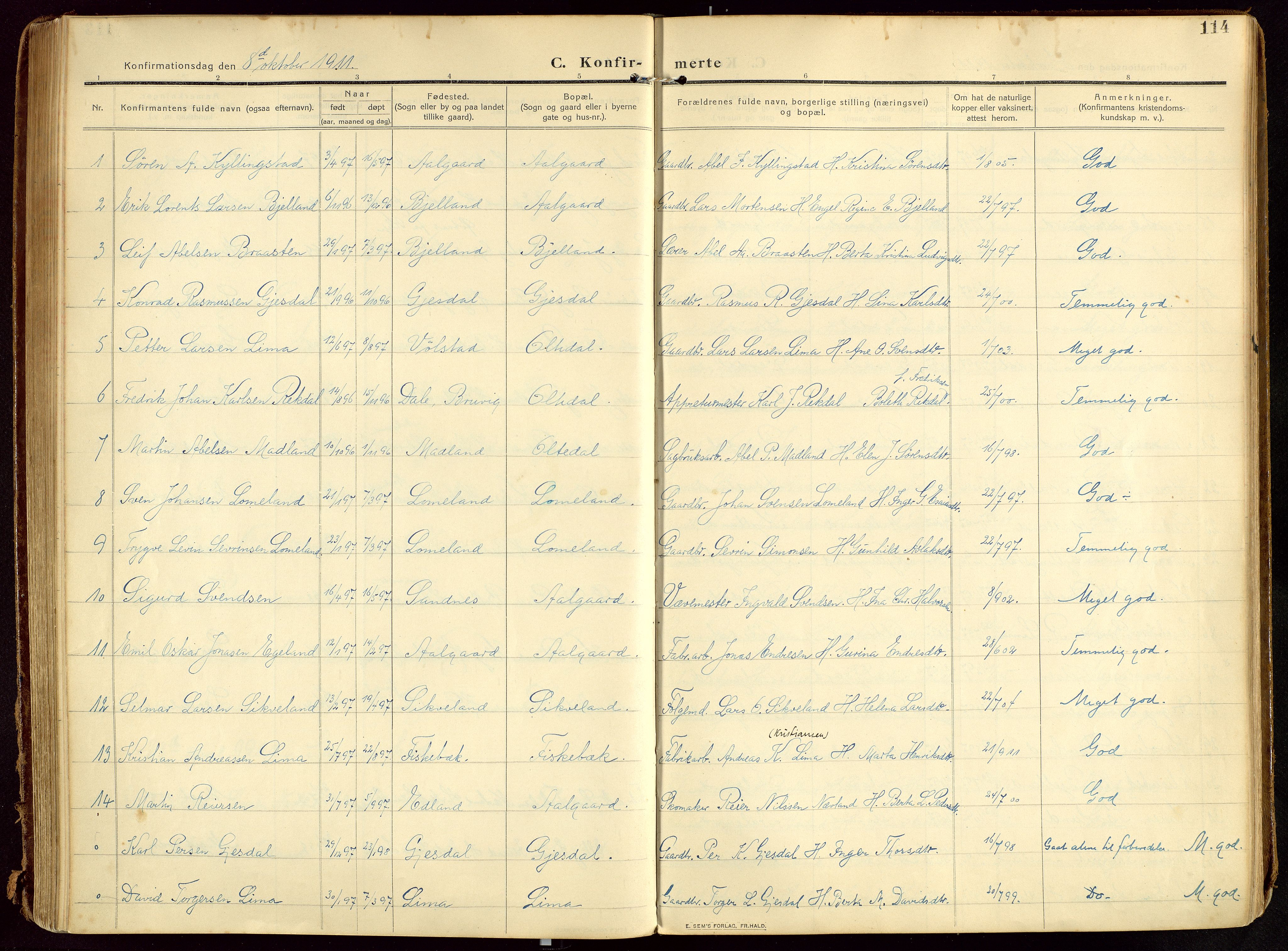 Lye sokneprestkontor, AV/SAST-A-101794/002/B/L0001: Parish register (official) no. A 13, 1910-1925, p. 114