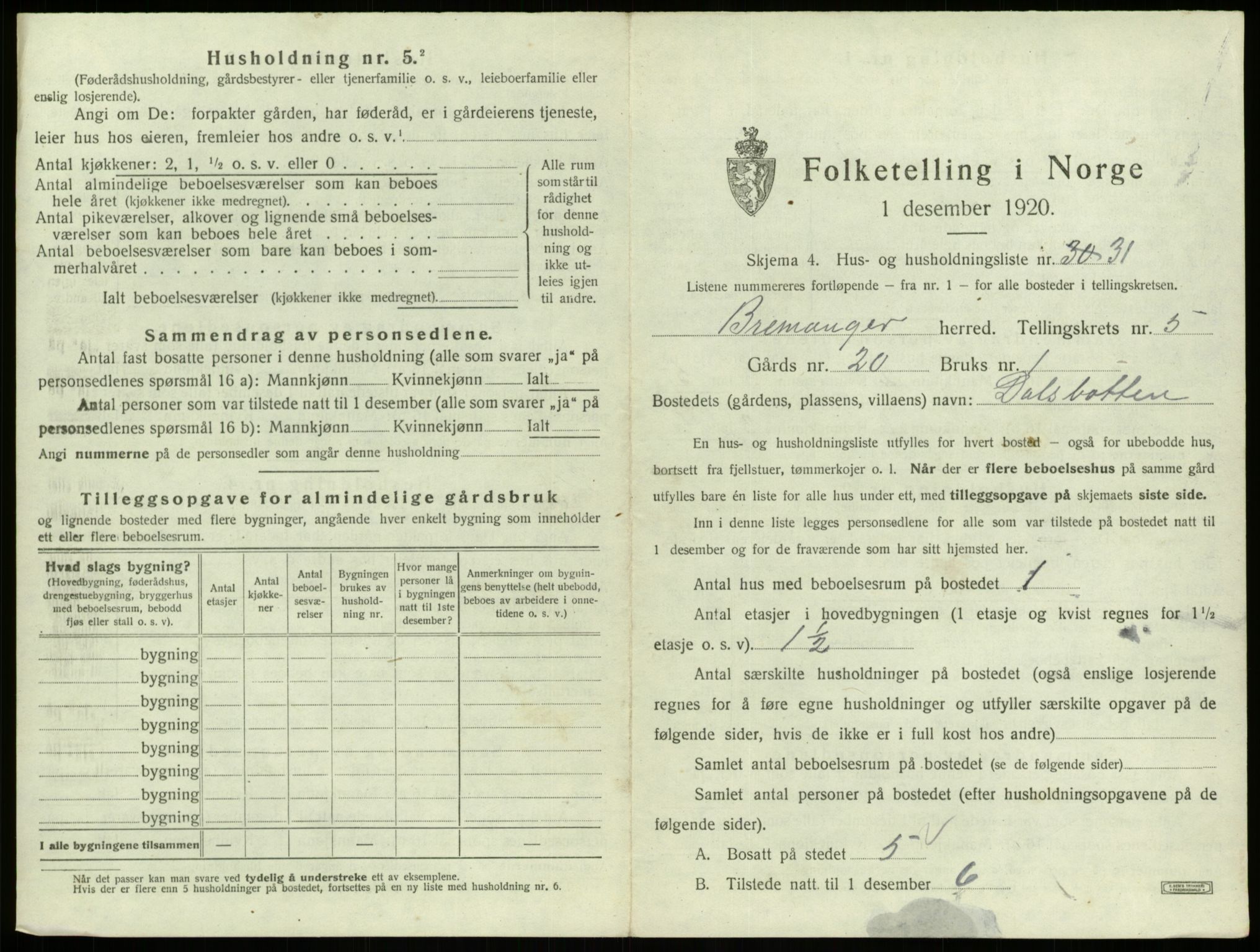 SAB, 1920 census for Bremanger, 1920, p. 505