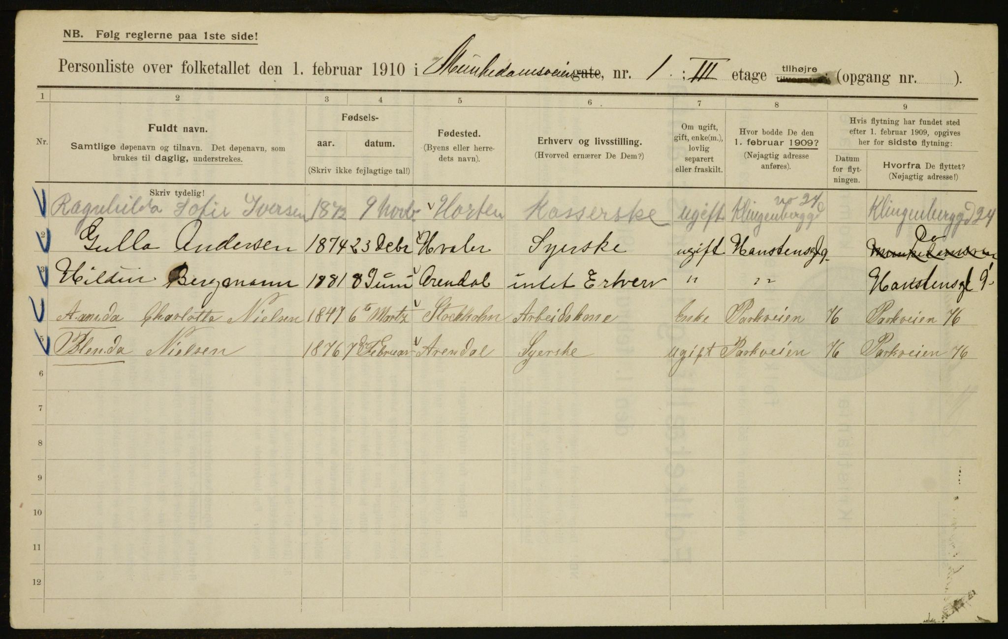 OBA, Municipal Census 1910 for Kristiania, 1910, p. 64510