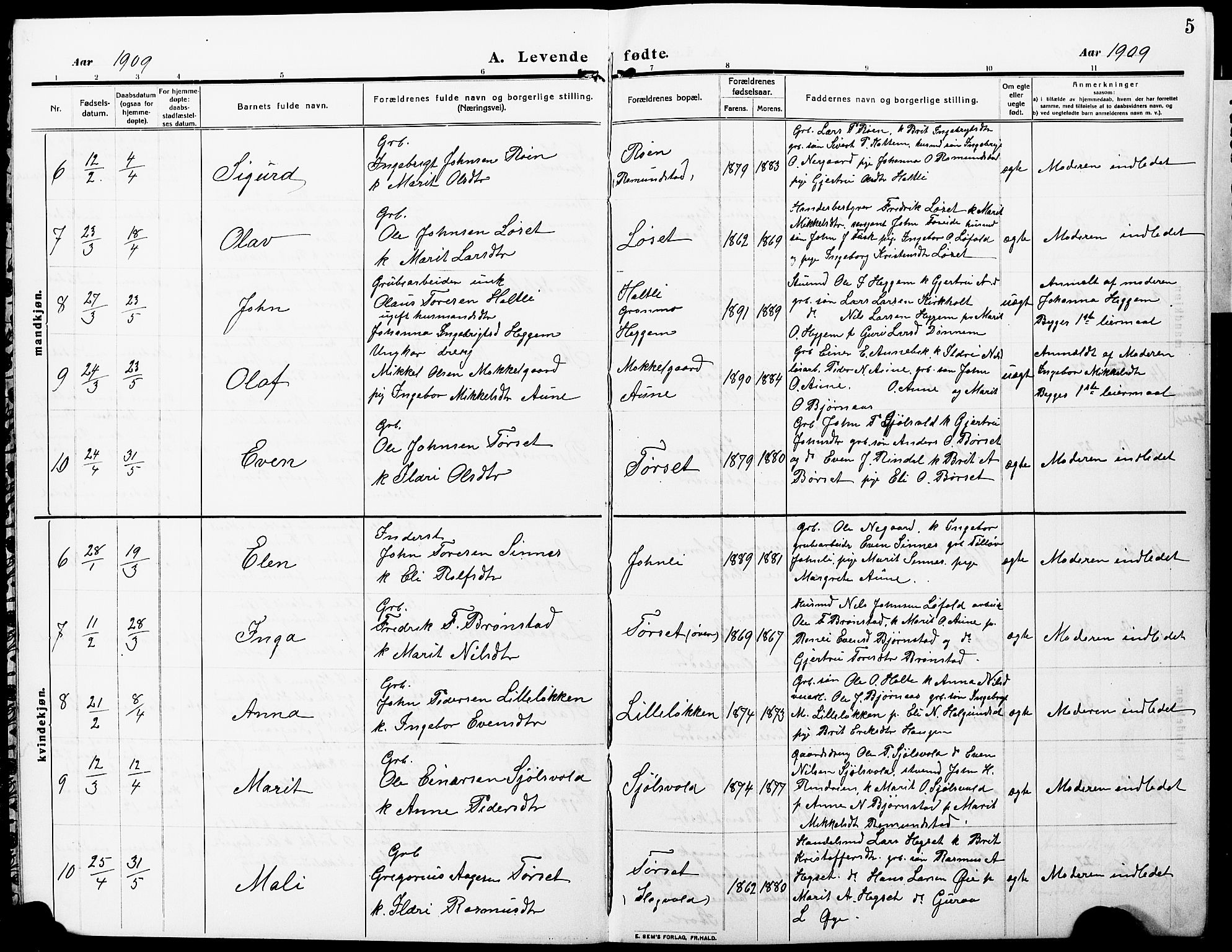 Ministerialprotokoller, klokkerbøker og fødselsregistre - Møre og Romsdal, AV/SAT-A-1454/598/L1079: Parish register (copy) no. 598C04, 1909-1927, p. 5