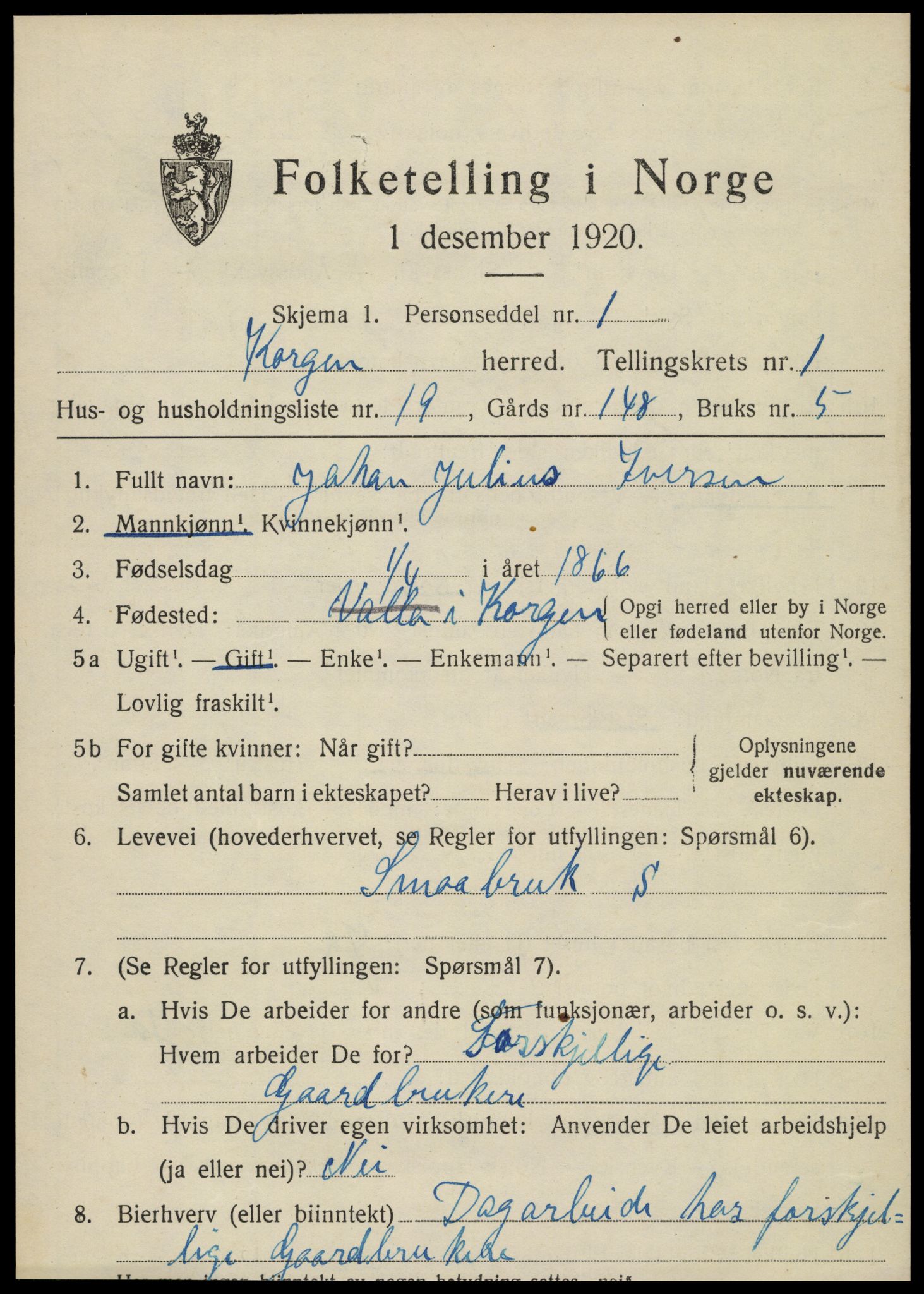 SAT, 1920 census for Korgen, 1920, p. 910