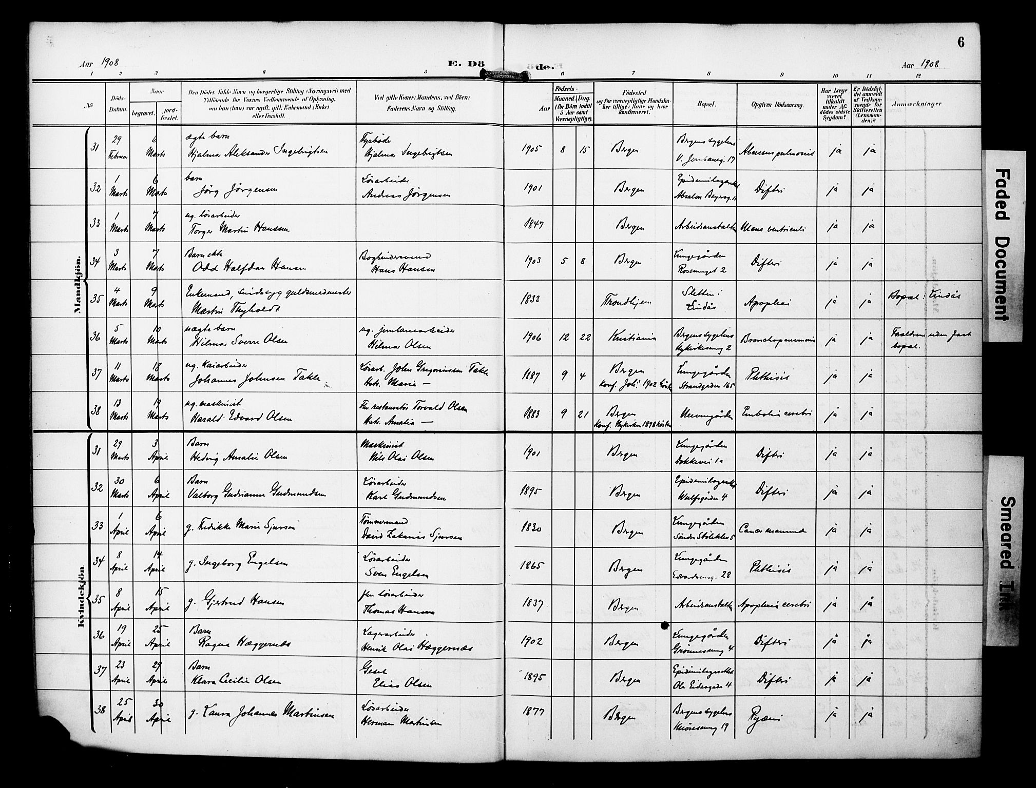 Bergen kommunale pleiehjem - stiftelsespresten, AV/SAB-A-100281: Parish register (official) no. A 6, 1908-1920, p. 6