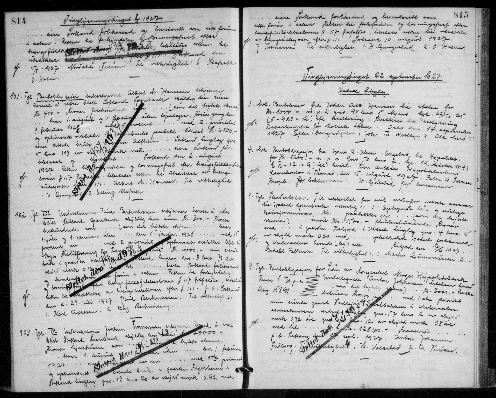 Vesterålen sorenskriveri, SAT/A-4180/1/2/2Ca/L0041: Mortgage book no. 6, 1925-1928, p. 814-815, Deed date: 22.09.1927