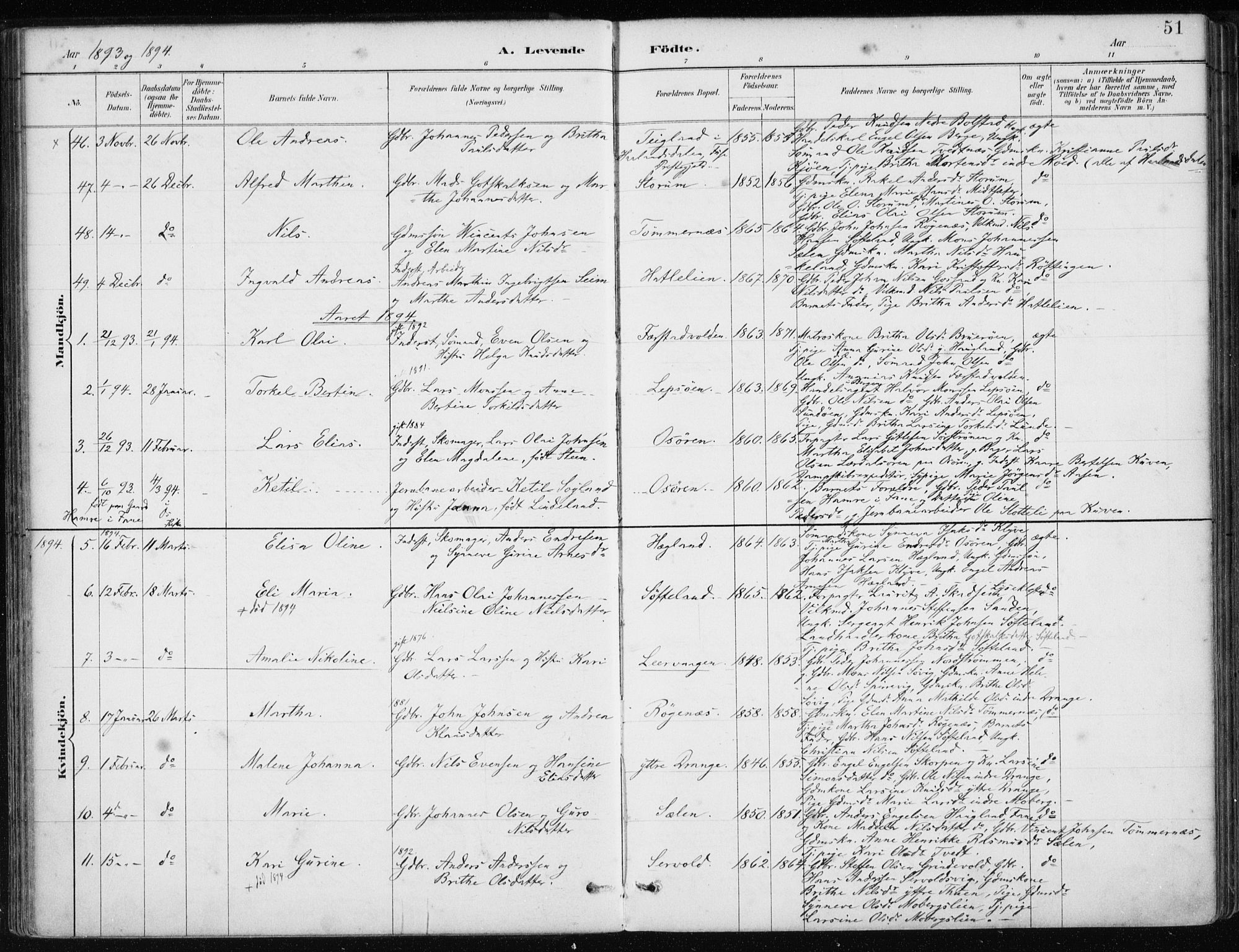 Os sokneprestembete, AV/SAB-A-99929: Parish register (official) no. B 1, 1885-1902, p. 51