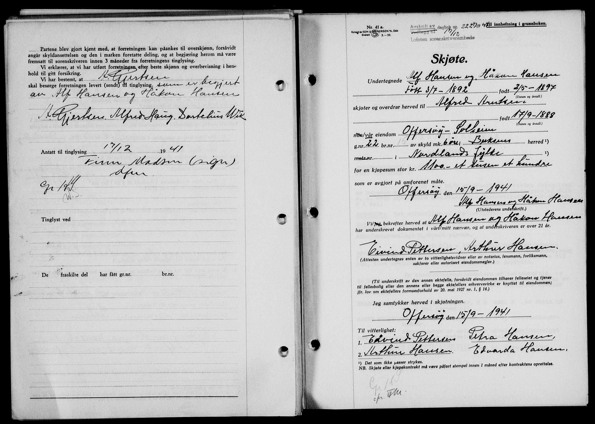 Lofoten sorenskriveri, SAT/A-0017/1/2/2C/L0009a: Mortgage book no. 9a, 1941-1942, Diary no: : 2227/1941