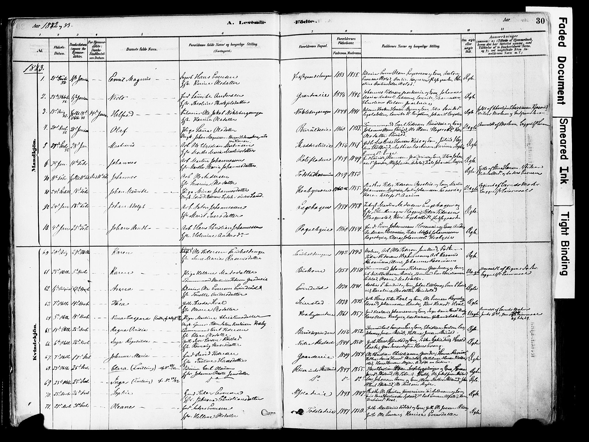 Østre Toten prestekontor, SAH/PREST-104/H/Ha/Haa/L0006: Parish register (official) no. 6 /1, 1878-1896, p. 30