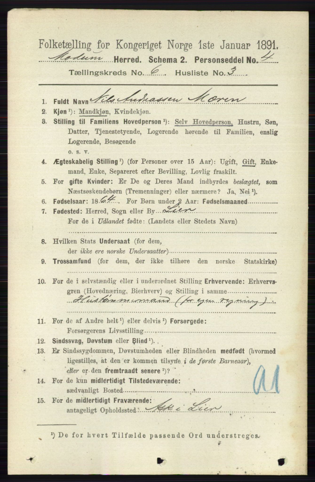 RA, 1891 census for 0623 Modum, 1891, p. 2141