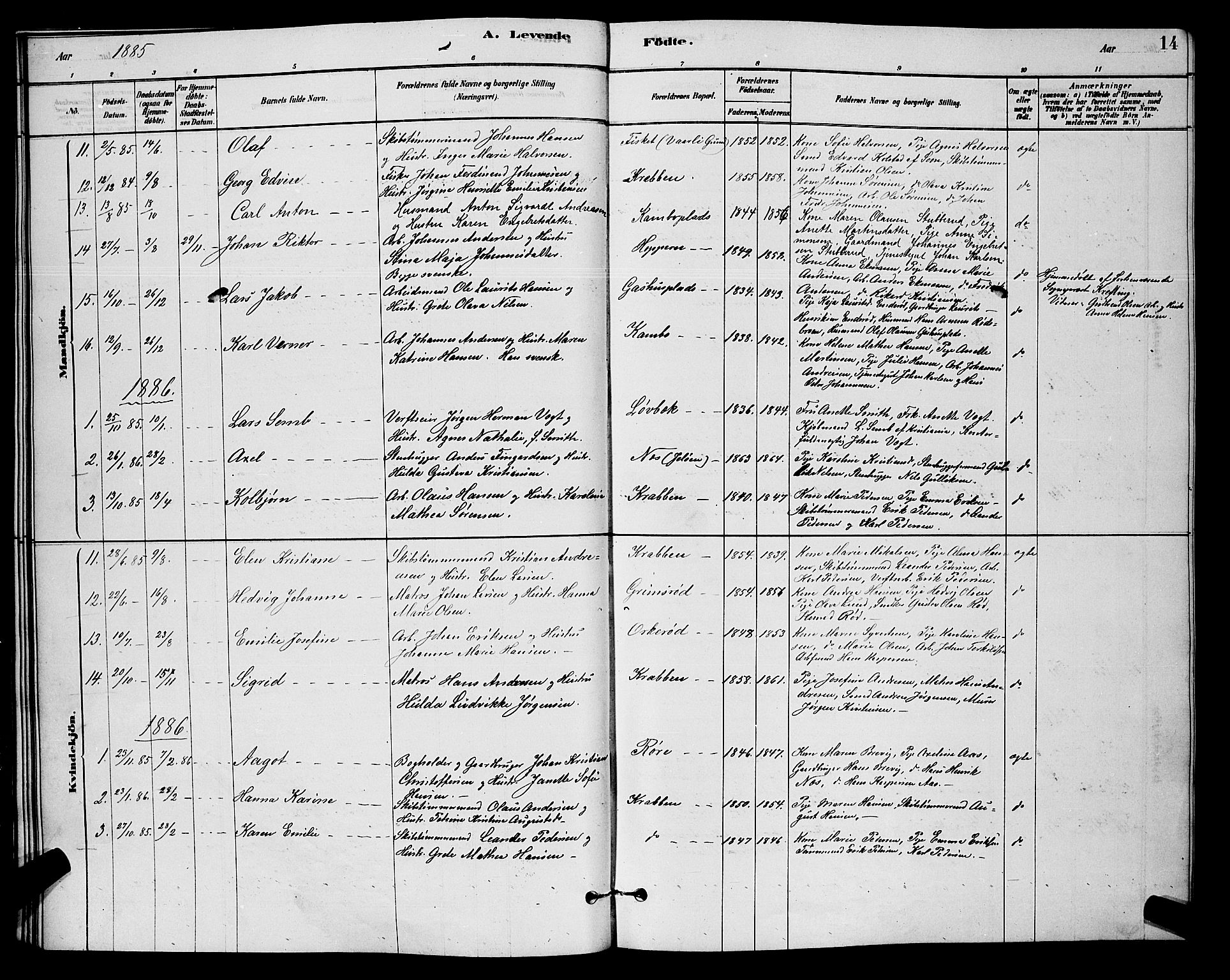Moss prestekontor Kirkebøker, AV/SAO-A-2003/G/Gb/L0001: Parish register (copy) no. II 1, 1878-1900, p. 14