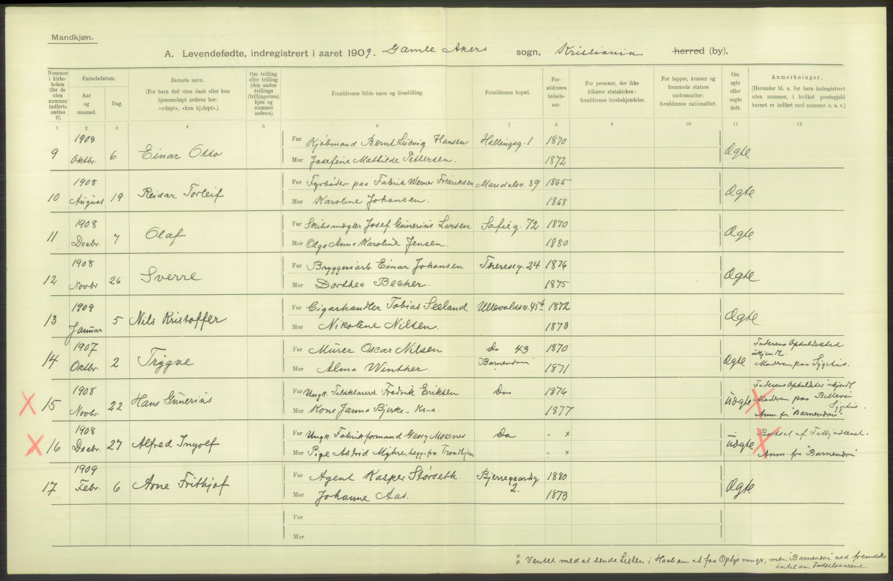 Statistisk sentralbyrå, Sosiodemografiske emner, Befolkning, RA/S-2228/D/Df/Dfa/Dfag/L0007: Kristiania: Levendefødte menn og kvinner., 1909, p. 394