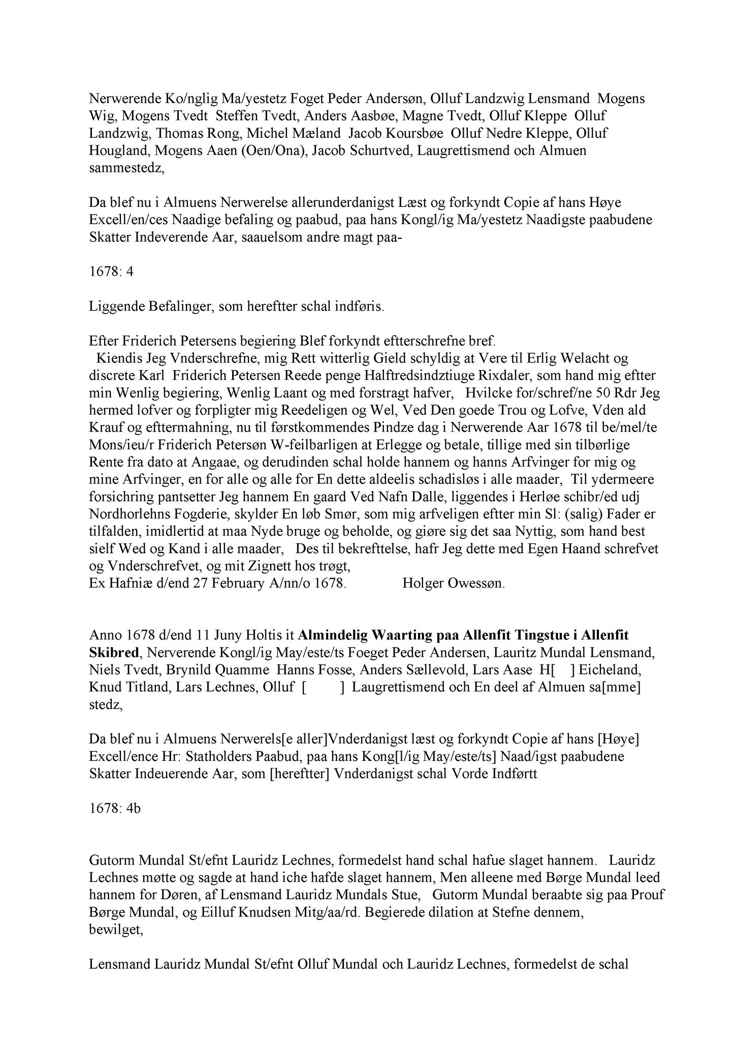 Samling av fulltekstavskrifter, SAB/FULLTEKST/A/12/0119: Nordhordland sorenskriveri, tingbok nr. A 17, 1678