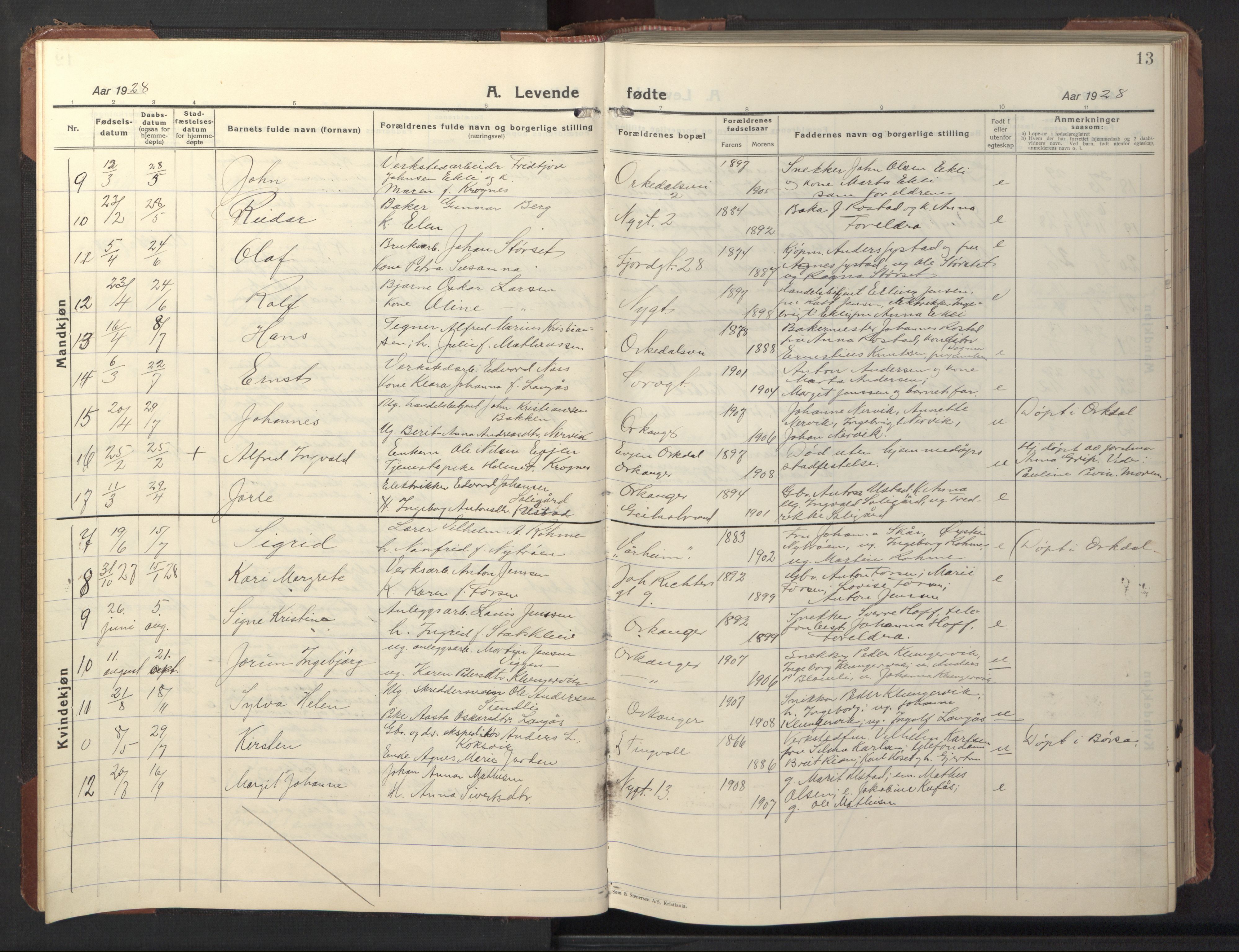 Ministerialprotokoller, klokkerbøker og fødselsregistre - Sør-Trøndelag, SAT/A-1456/669/L0832: Parish register (copy) no. 669C02, 1925-1953, p. 13