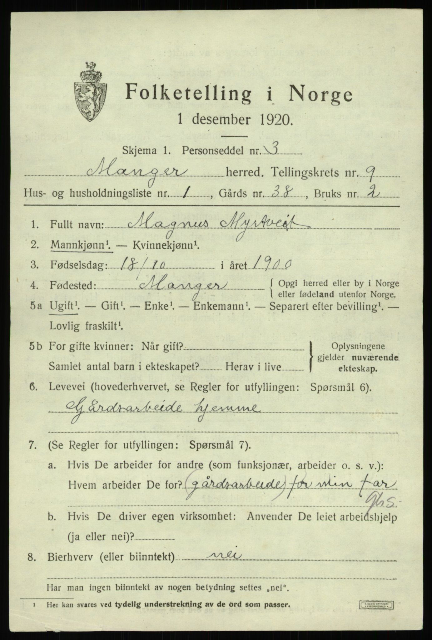 SAB, 1920 census for Manger, 1920, p. 5443