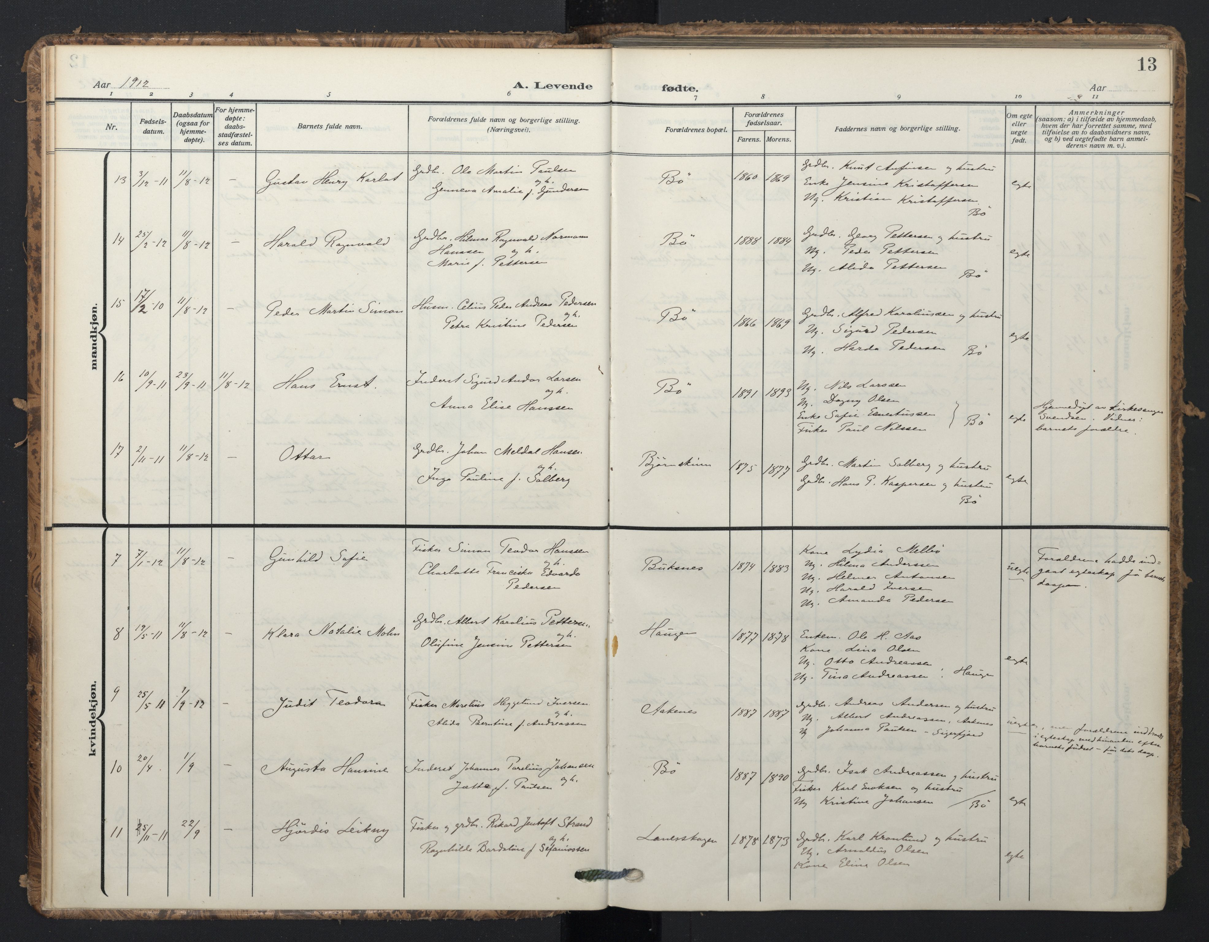 Ministerialprotokoller, klokkerbøker og fødselsregistre - Nordland, SAT/A-1459/898/L1423: Parish register (official) no. 898A03, 1909-1928, p. 13