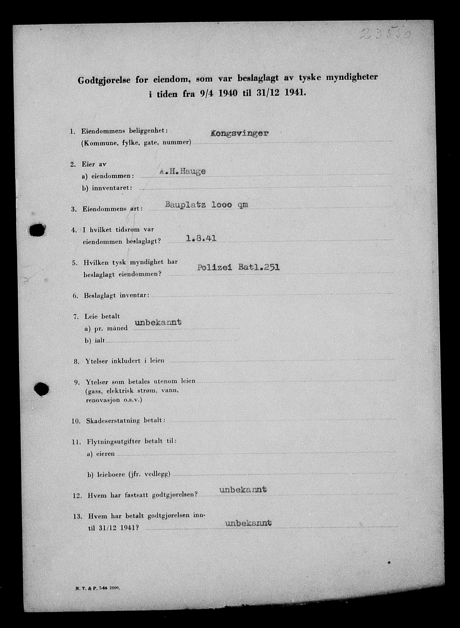 Justisdepartementet, Tilbakeføringskontoret for inndratte formuer, RA/S-1564/I/L1012: Godtgjørelse for beslaglagt eiendom, 1940-1941, p. 118