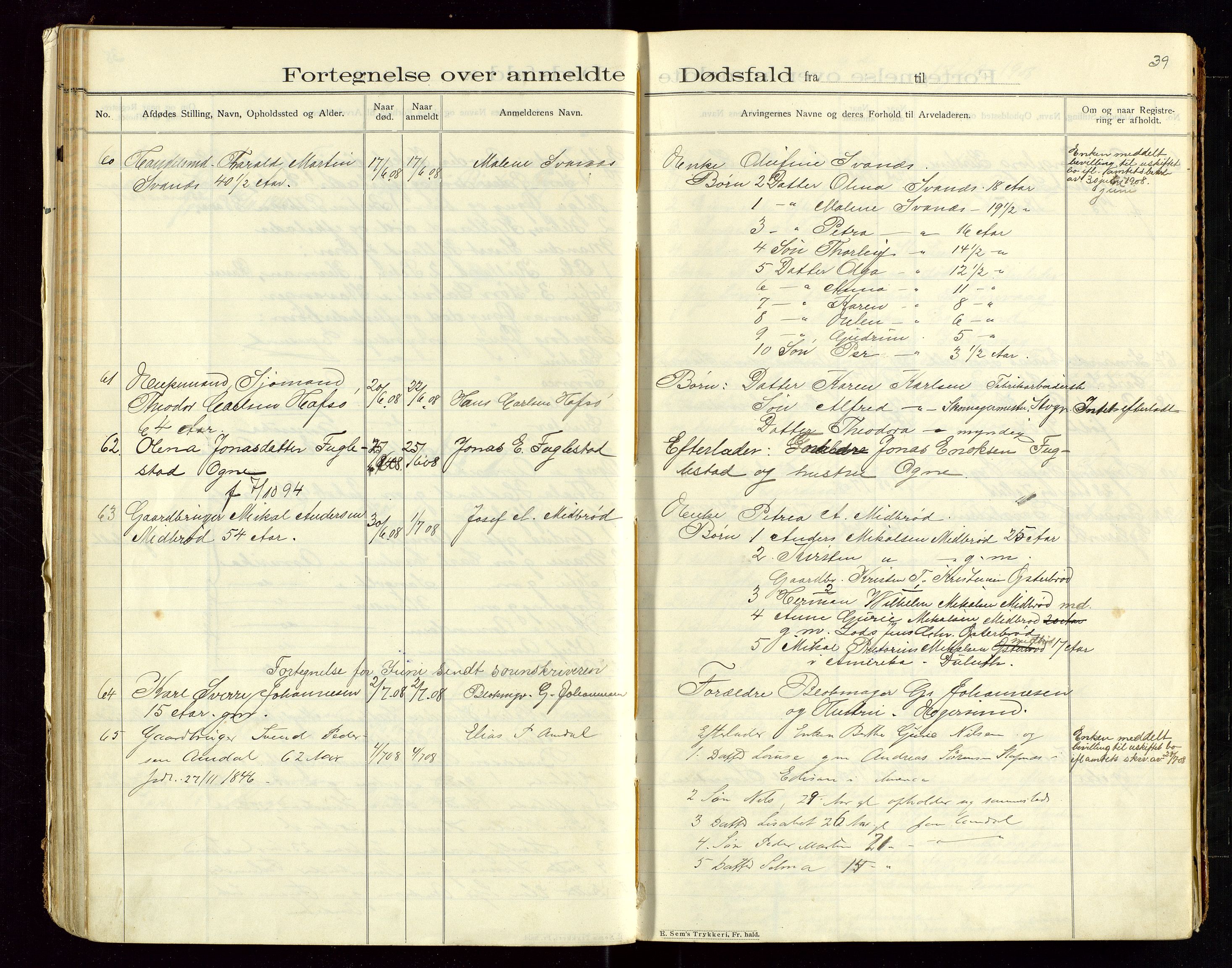 Eigersund lensmannskontor, AV/SAST-A-100171/Gga/L0005: "Dødsfalds-Protokol" m/alfabetisk navneregister, 1905-1913, p. 39