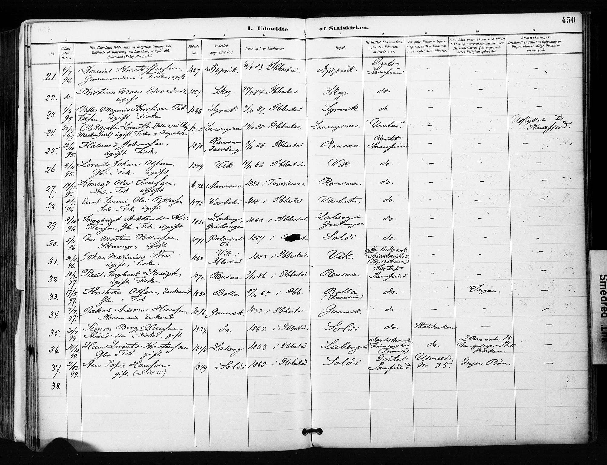 Ibestad sokneprestembete, SATØ/S-0077/H/Ha/Haa/L0012kirke: Parish register (official) no. 12, 1890-1900, p. 450