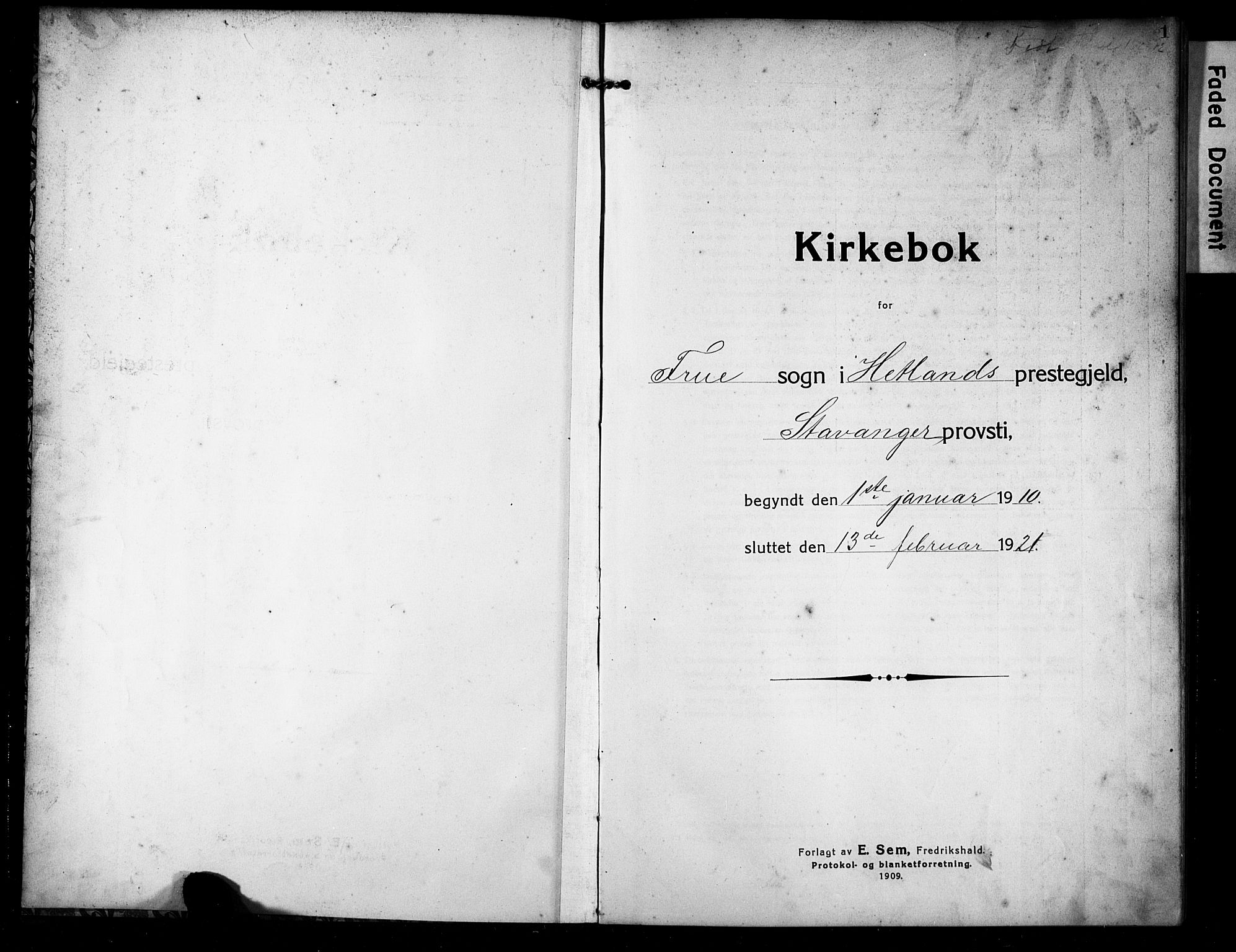 Hetland sokneprestkontor, SAST/A-101826/30/30BB/L0008: Parish register (copy) no. B 8, 1910-1921, p. 0-1